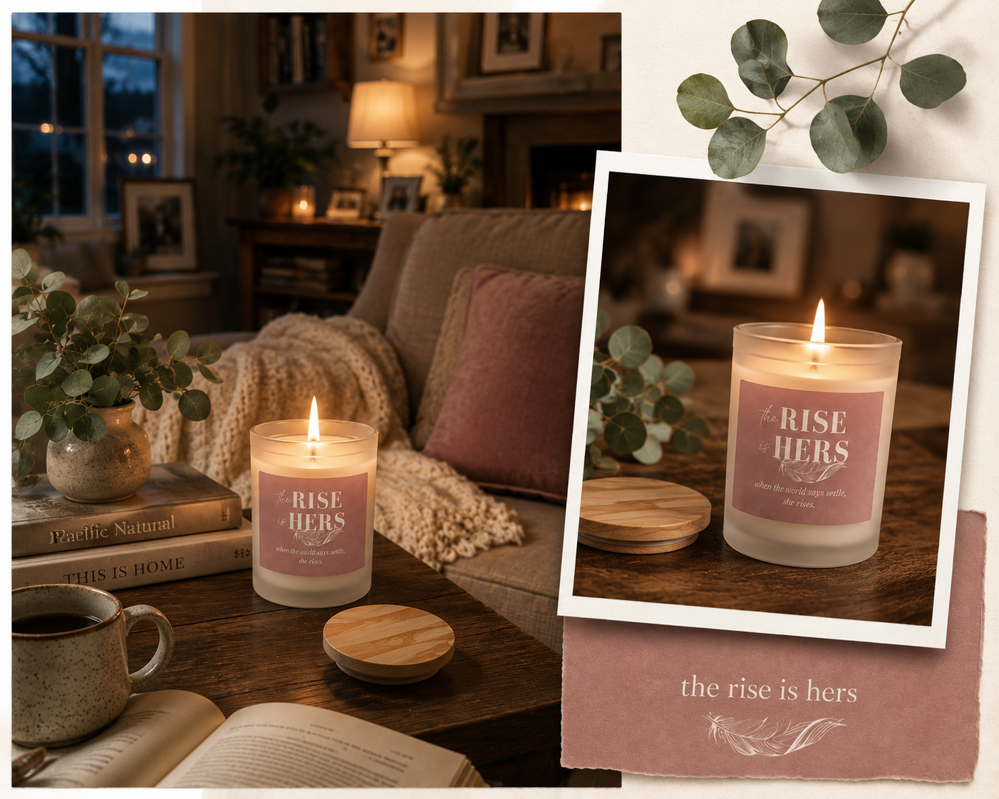 The Rise Is Hers candle glowing in a cozy living room, with a close-up of its rose label and the message “when the world says settle, she rises.”