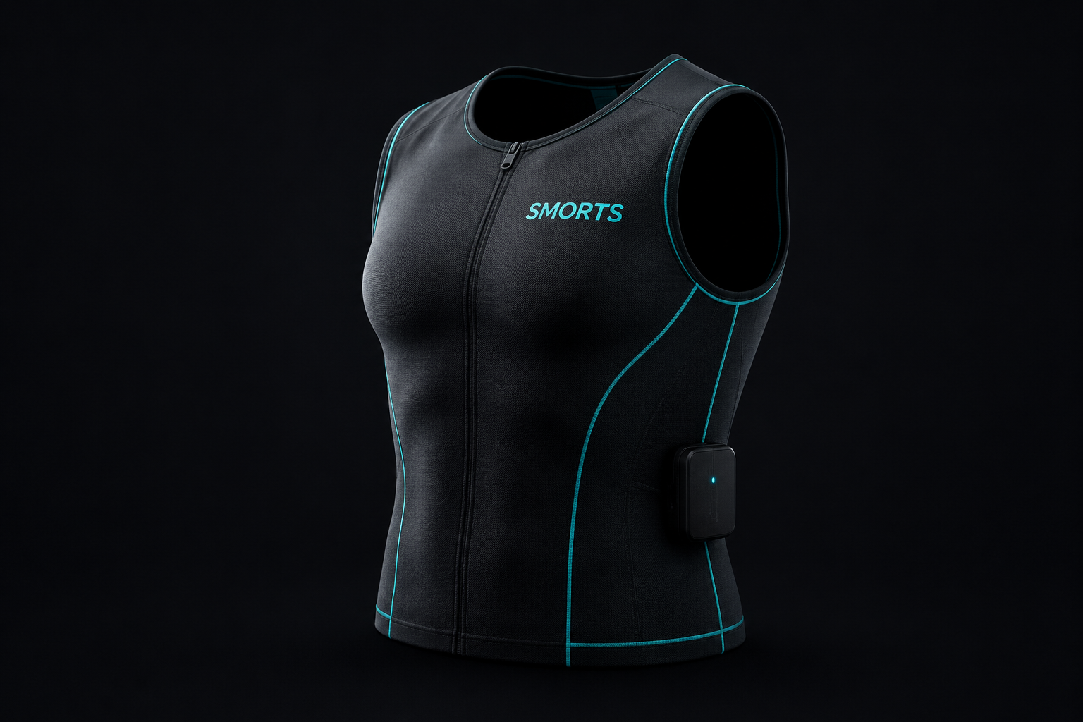 A black, sleeveless compression shirt with the word "SMORTS" printed in blue on the chest, featuring teal stitching and a small black electronic device attached to the side.
