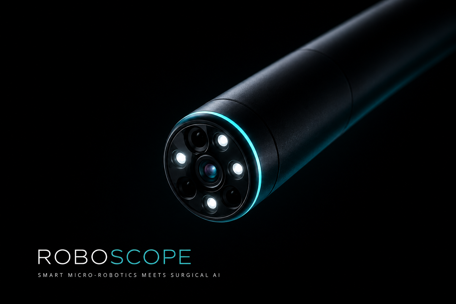 Close-up of a sleek, black robotic surgical instrument with a circular tip featuring multiple LED lights and camera lenses, against a dark background, with the text 'ROBO SCOPE' and 'Smart micro-robotics meets surgical AI'.