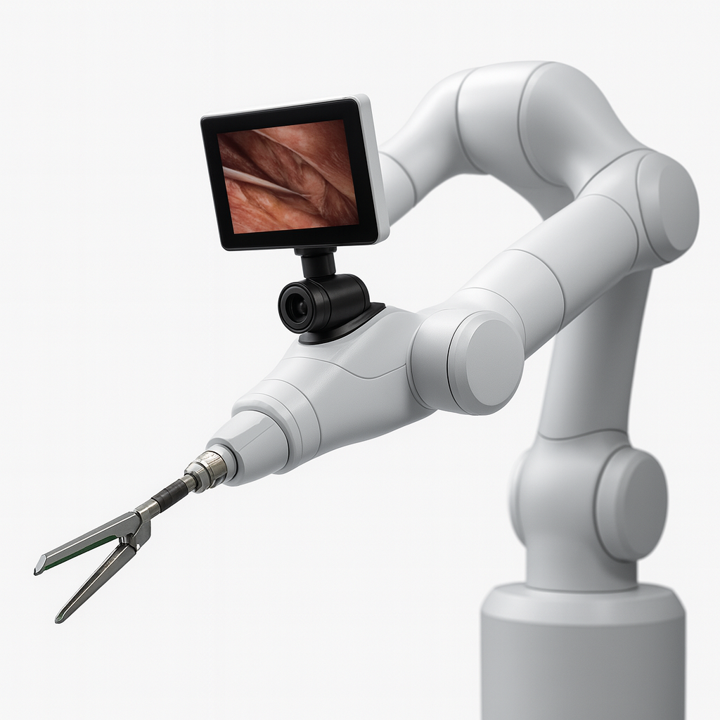 A robotic surgical arm with a monitor displaying a close-up view of tissue during a medical procedure.