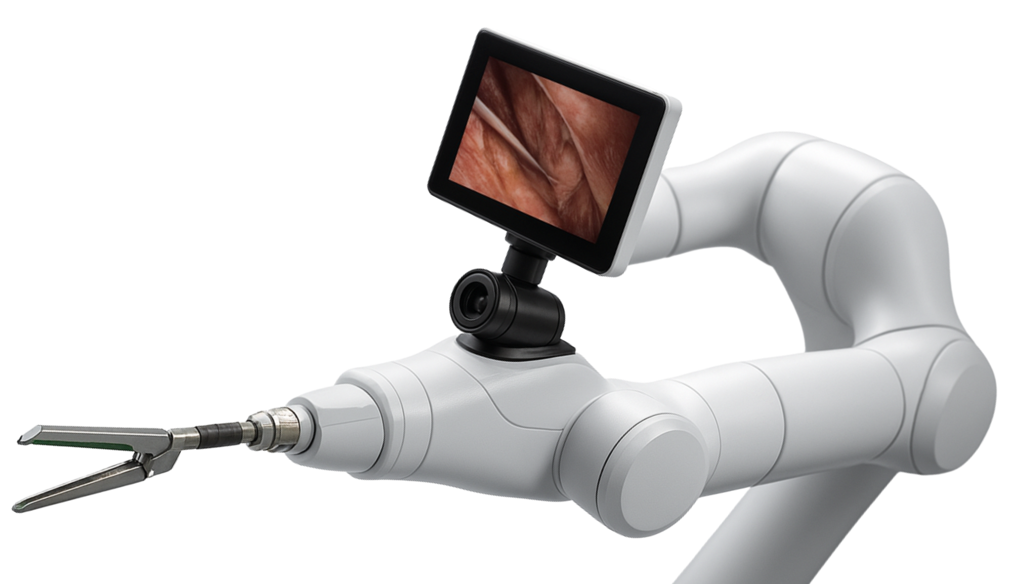A robotic surgical arm with a monitor displaying an internal view of tissue during a medical procedure.