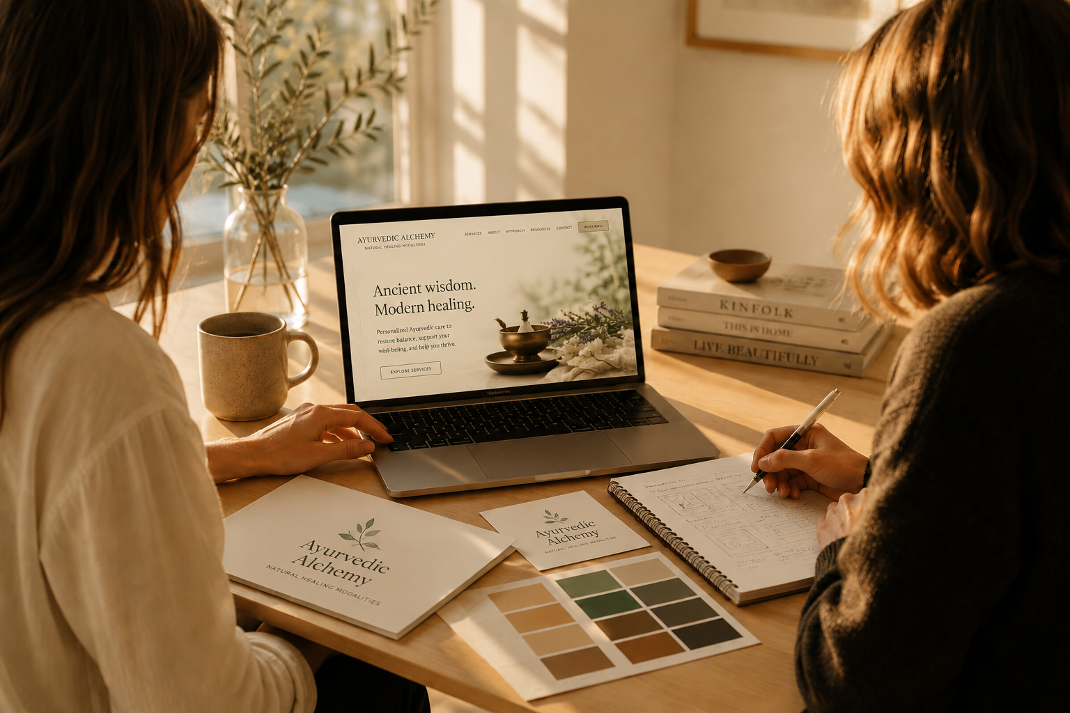 Two women working together putting together a new website with a laptop, books, notes, and color swatches, to create beautiful results while in a bright room with sunlight streaming through a window.
