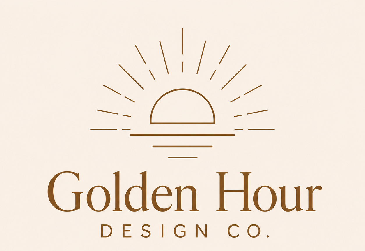 Logo of Golden Hour Design Co. featuring a stylized sunrise or sunset with rays above the horizon.