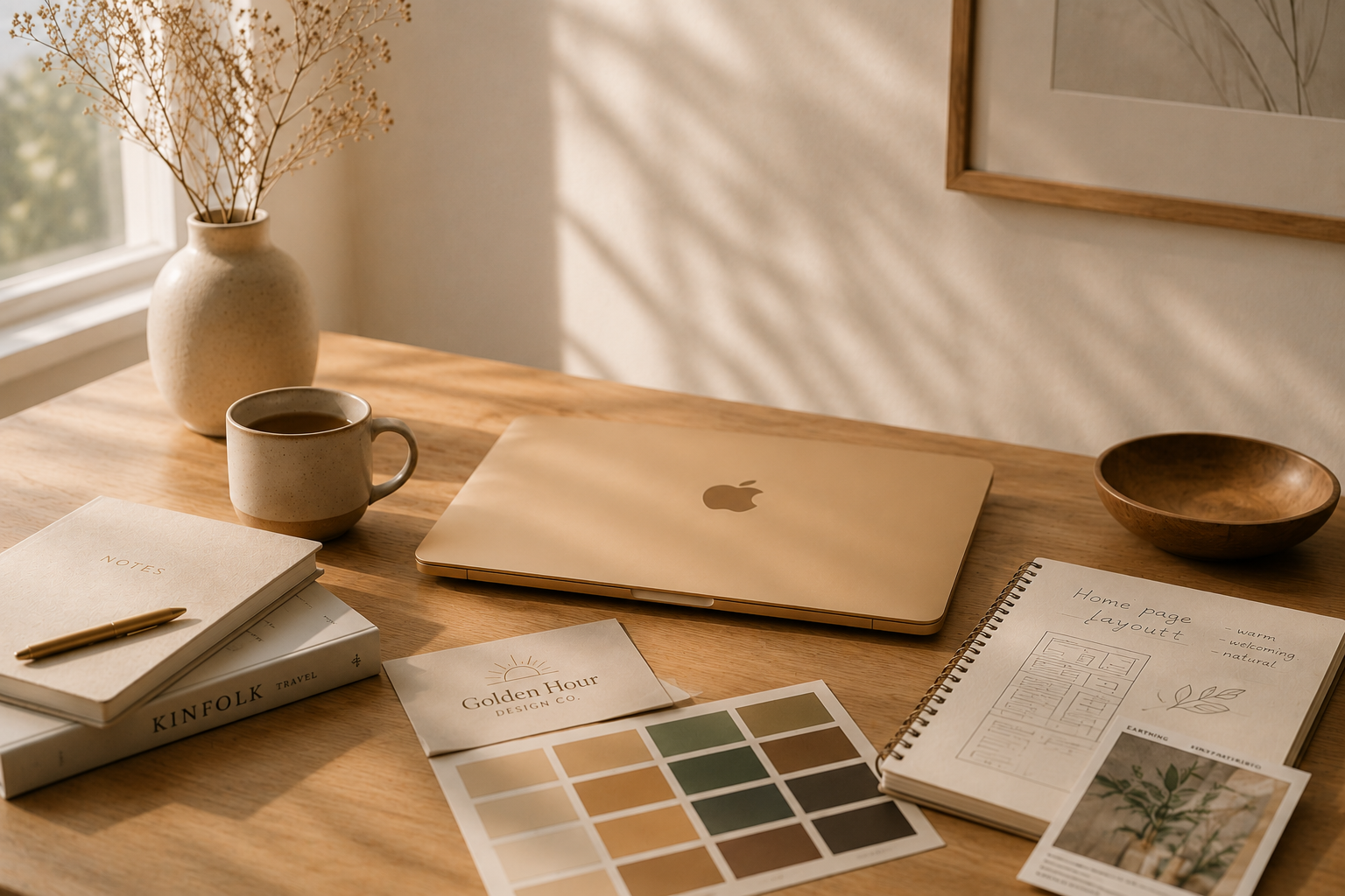 A wooden desk with a closed MacBook, a ceramic mug of coffee, a beige notebook with a gold pen, a color palette, a printed planning layout - a setup for a professional designer.