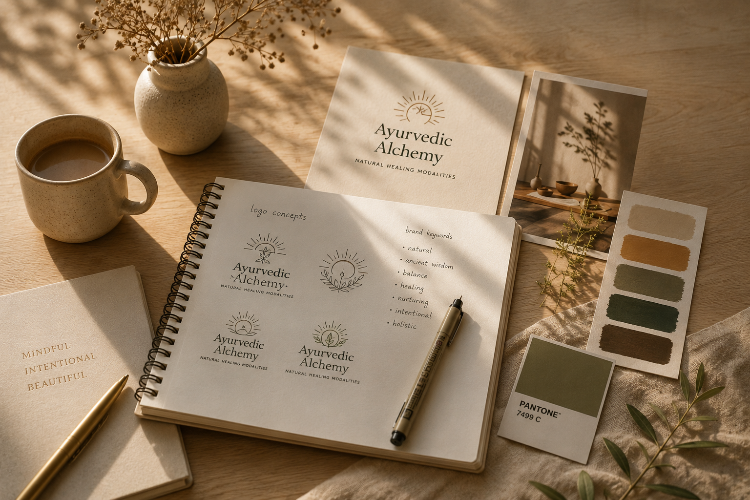 A desk setup with a cup of coffee, a white vase with dried flowers, a notebook, a brochure titled 'Ayurvedic Alchemy', a printed photo of a vase with shadows, a color palette, a small card with words 'Mindful, Intentional, Beautiful' - new designs.