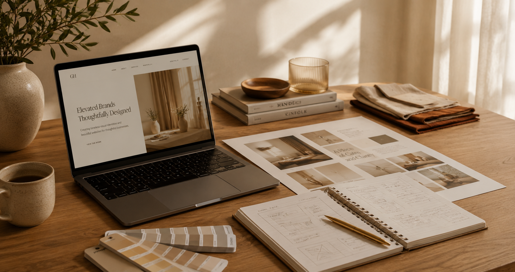 A wooden desk with a laptop, a cup of coffee, a color palette, a notebook, printed design layouts, stacked magazines, and neatly folded fabric samples. A potted plant is on the left side of the desk, and sunlight filters through sheer curtains in the background.