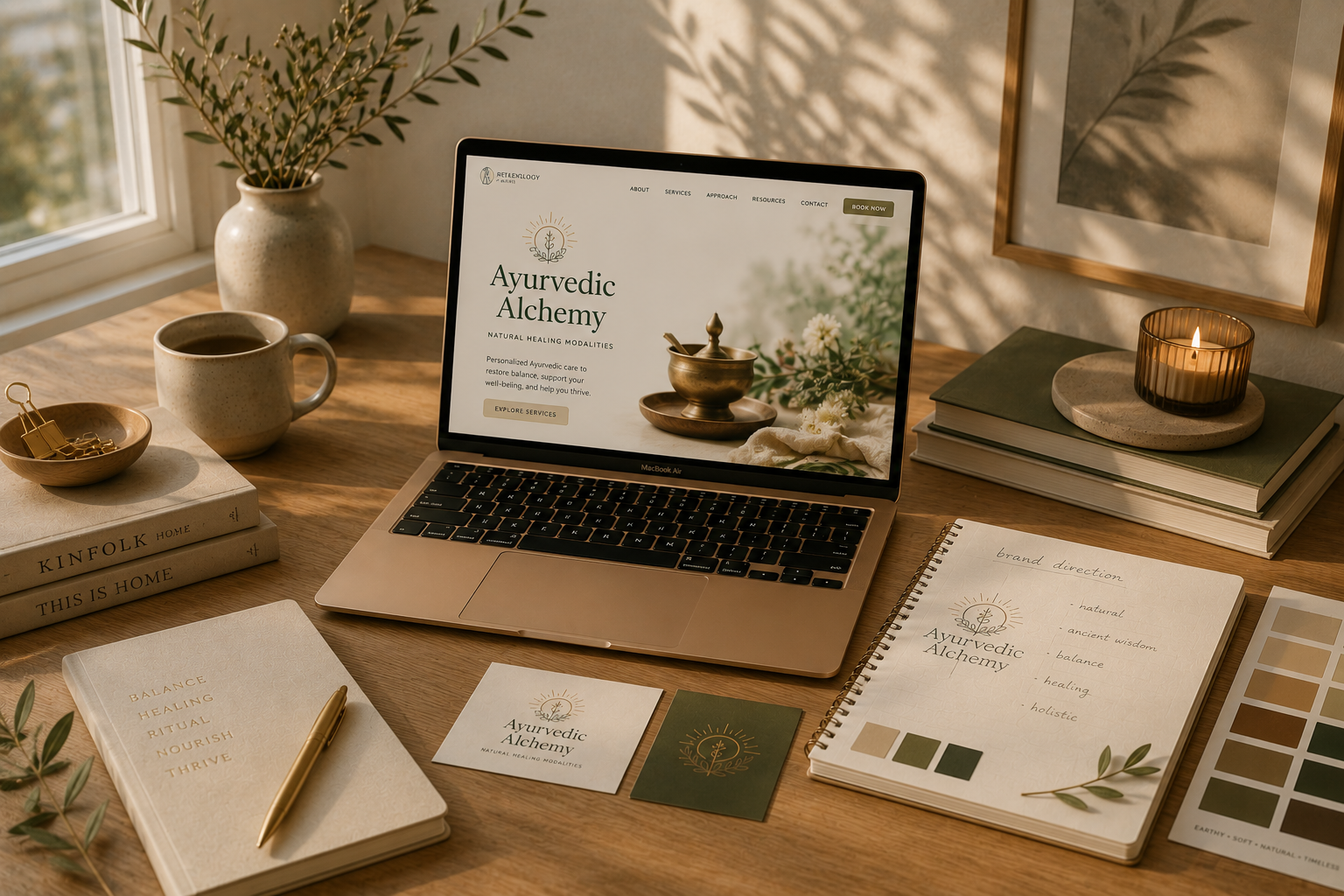 A wooden desk with a closed MacBook, a ceramic mug of coffee, a beige notebook with a gold pen, a color palette, a printed planning layout - a setup for a professional designer.