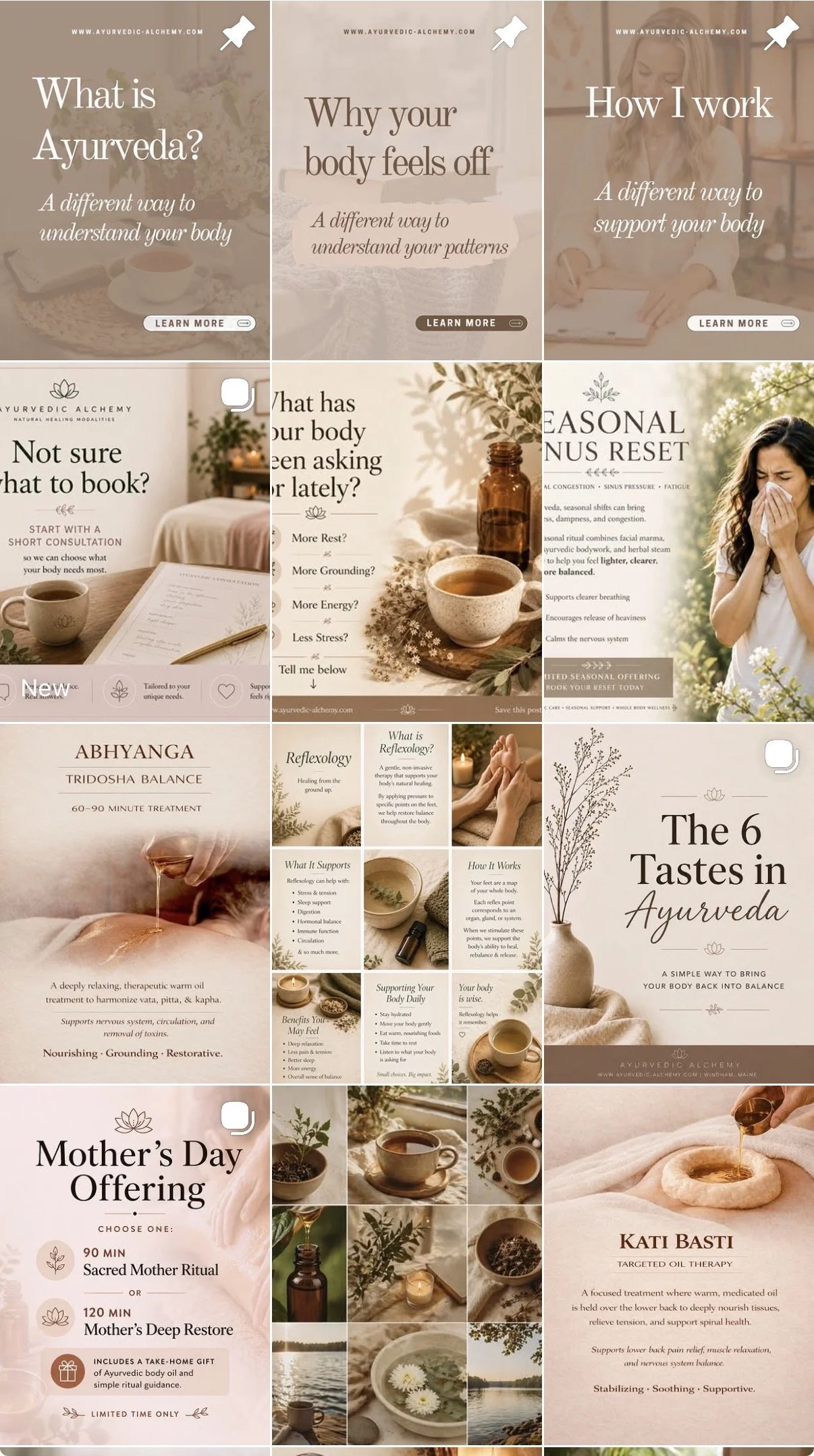 A collage of wellness and Ayurveda-related Instagram posts featuring soothing images of tea, herbs, candles, and natural landscapes. Includes text about Ayurveda benefits, treatments like reflexology and Kati Basti, Mother's Day offers, and tips for balancing the body with natural therapies.