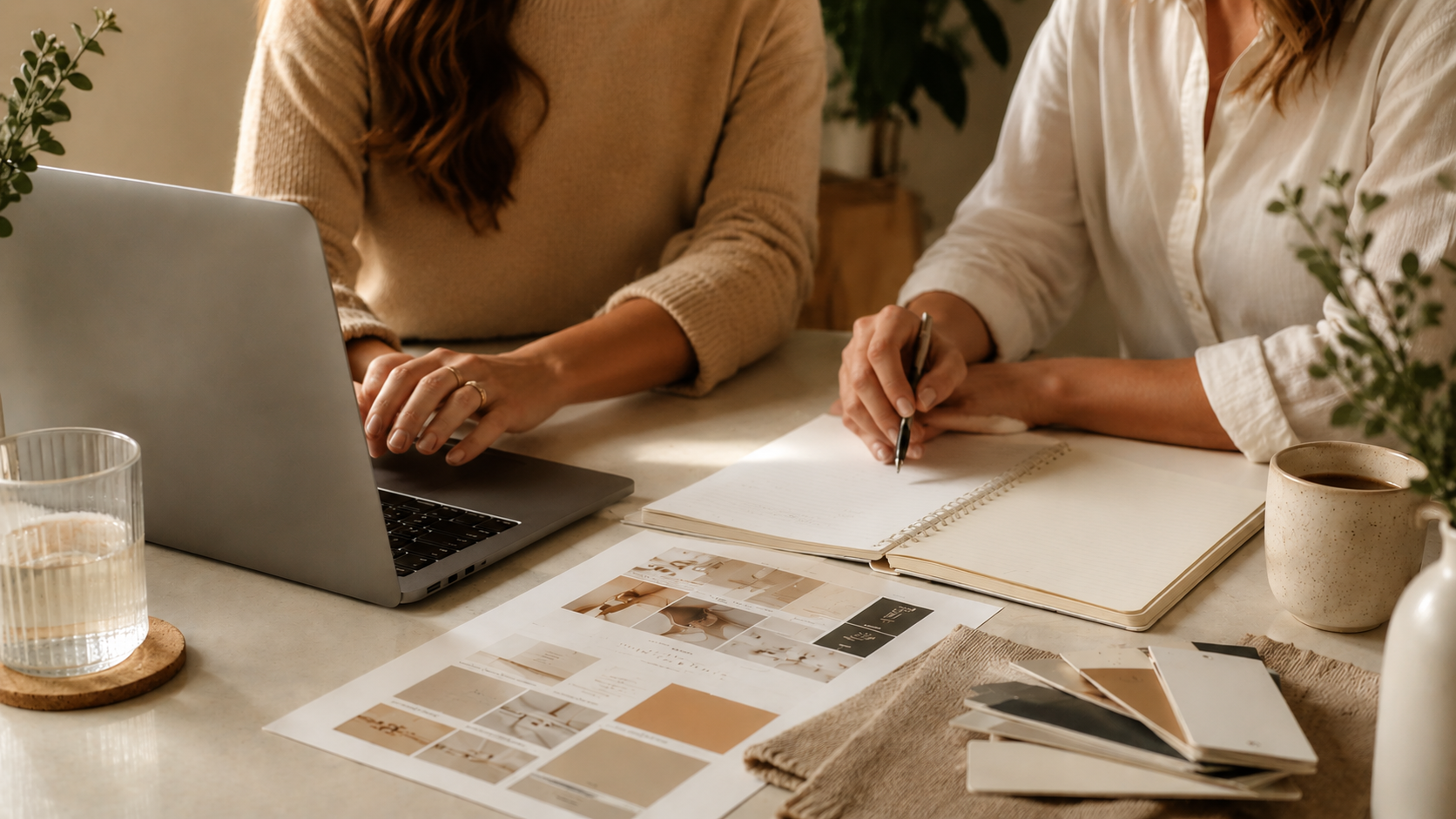 Two women working together at a desk with a laptop, notebooks, color swatches, and a cup of coffee, surrounded by plants.
