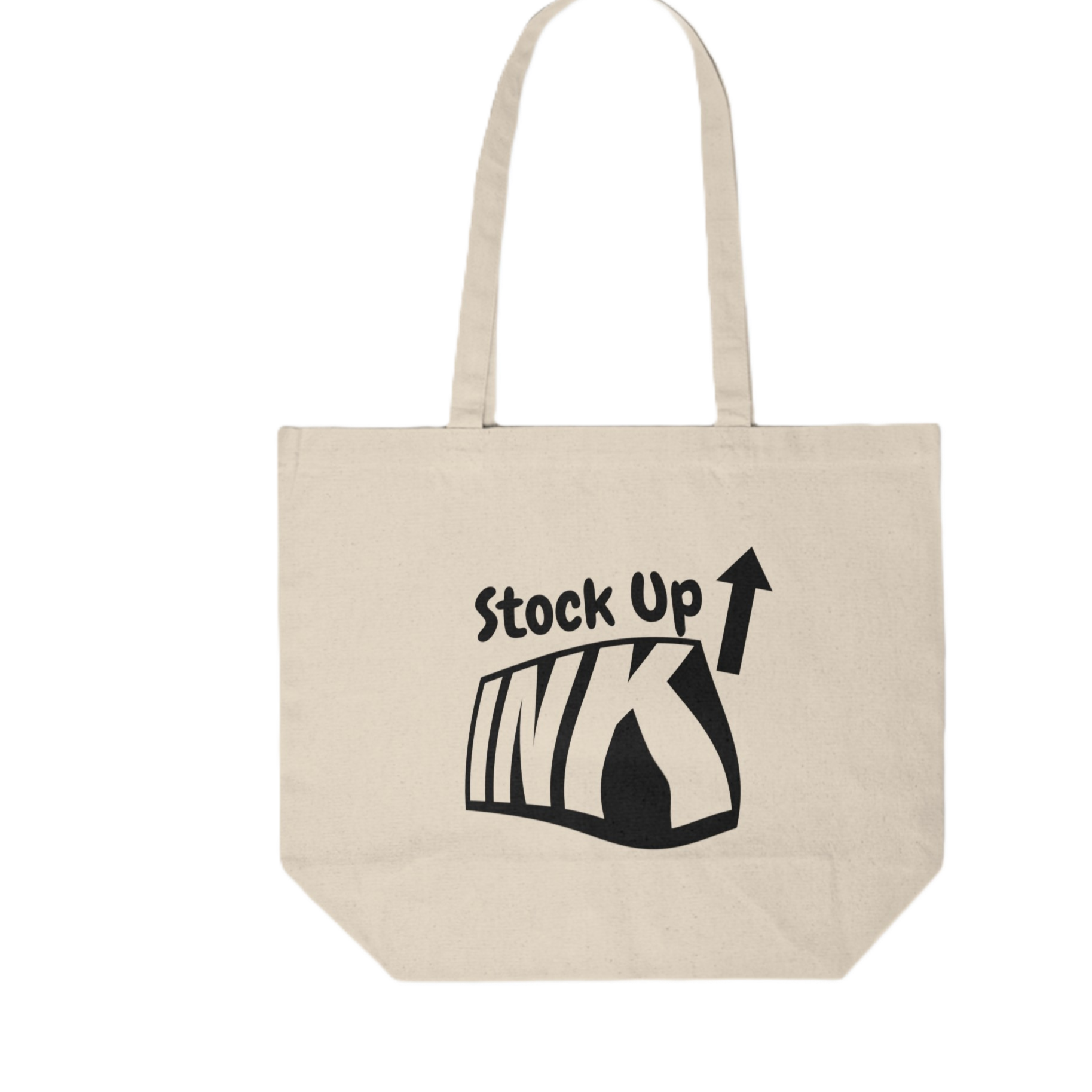 Paper bag with a black graphic of a loaf of bread and the text "Stock Up" with an upward arrow.