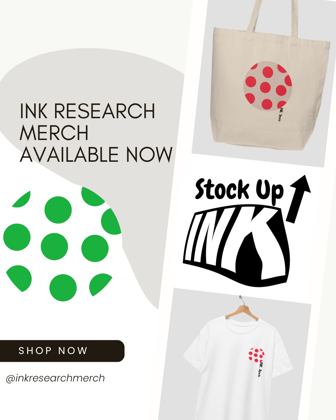 Advertisement for Ink Research merch featuring tote bags and t-shirts with polka dot designs, with a call to action to shop now.
