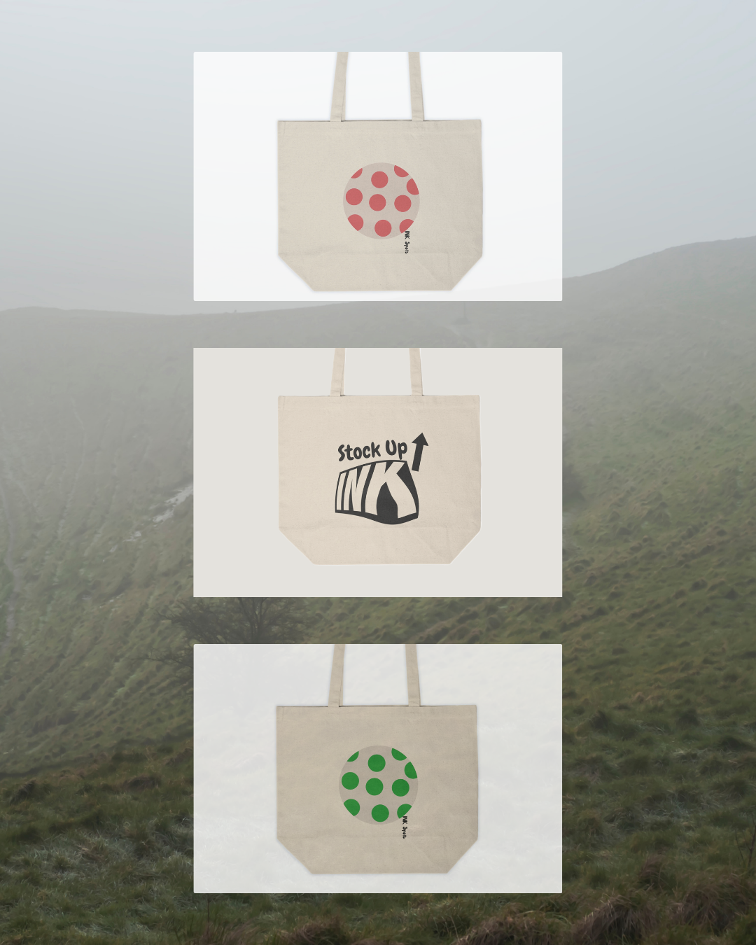 Three tote bags with different designs: the top has pink polka dots, the middle has a black and white logo with an upward arrow and the text "Stock Up," and the bottom has green polka dots.