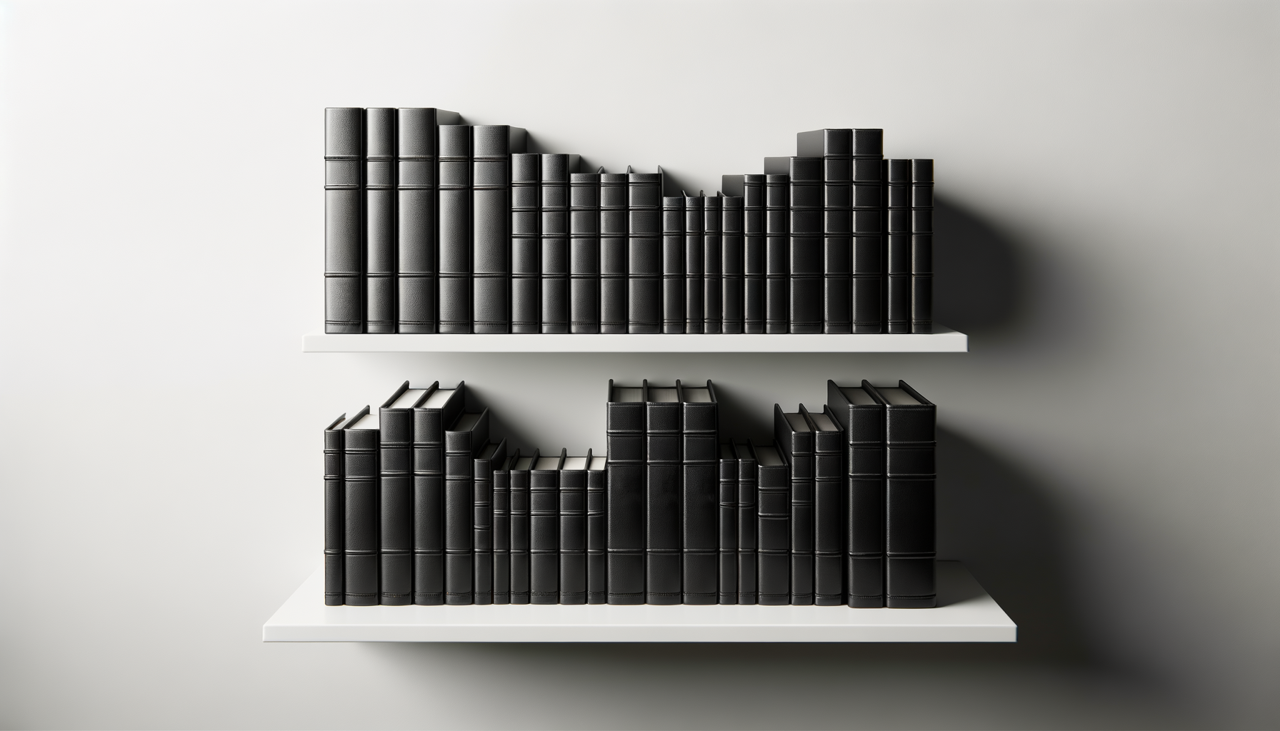 Two white floating shelves on a wall holding black books, with a modern, minimalist design.