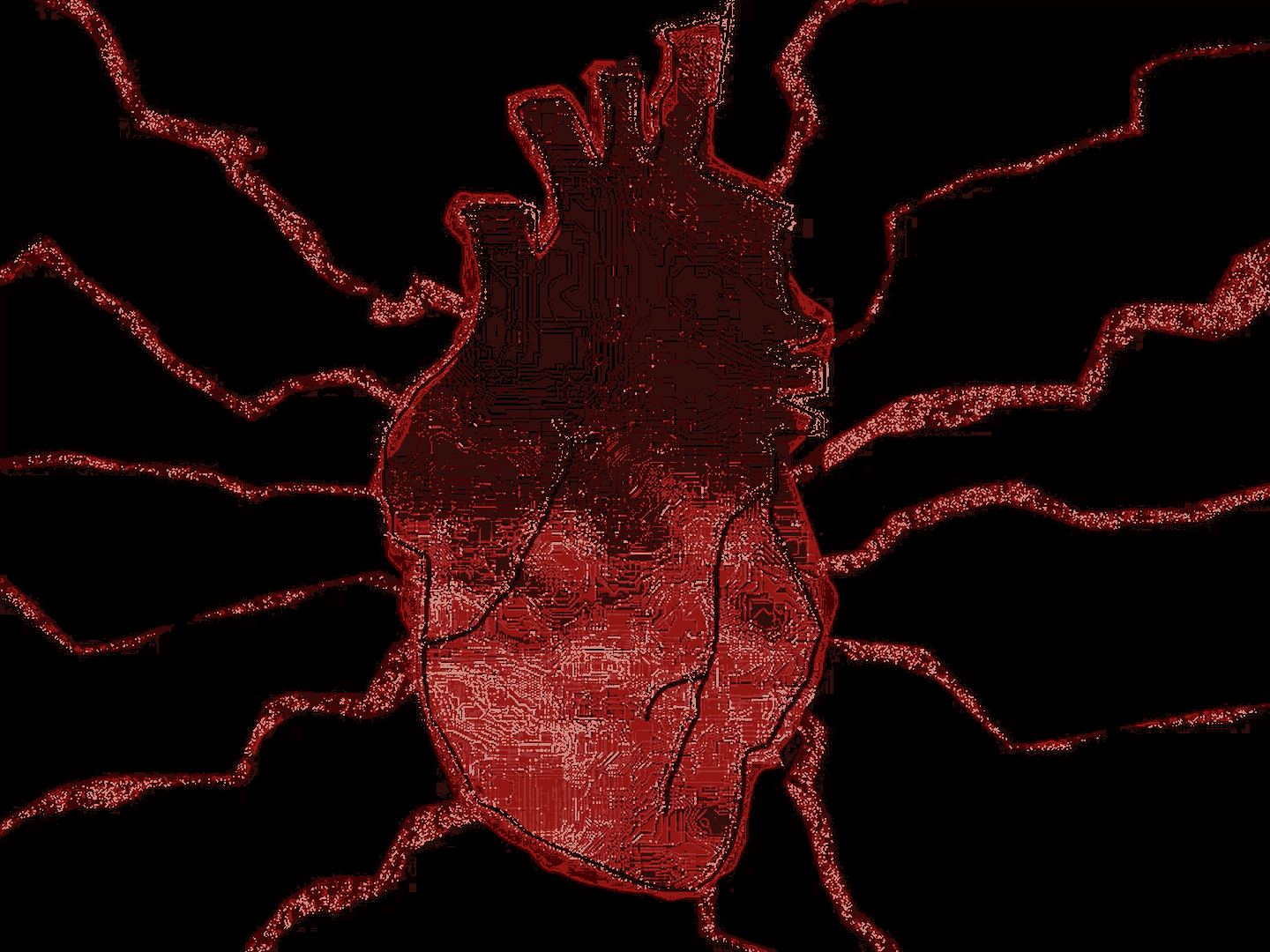 A digital illustration of a human heart in red, with glowing outlines and electrical lines, set against a black background.