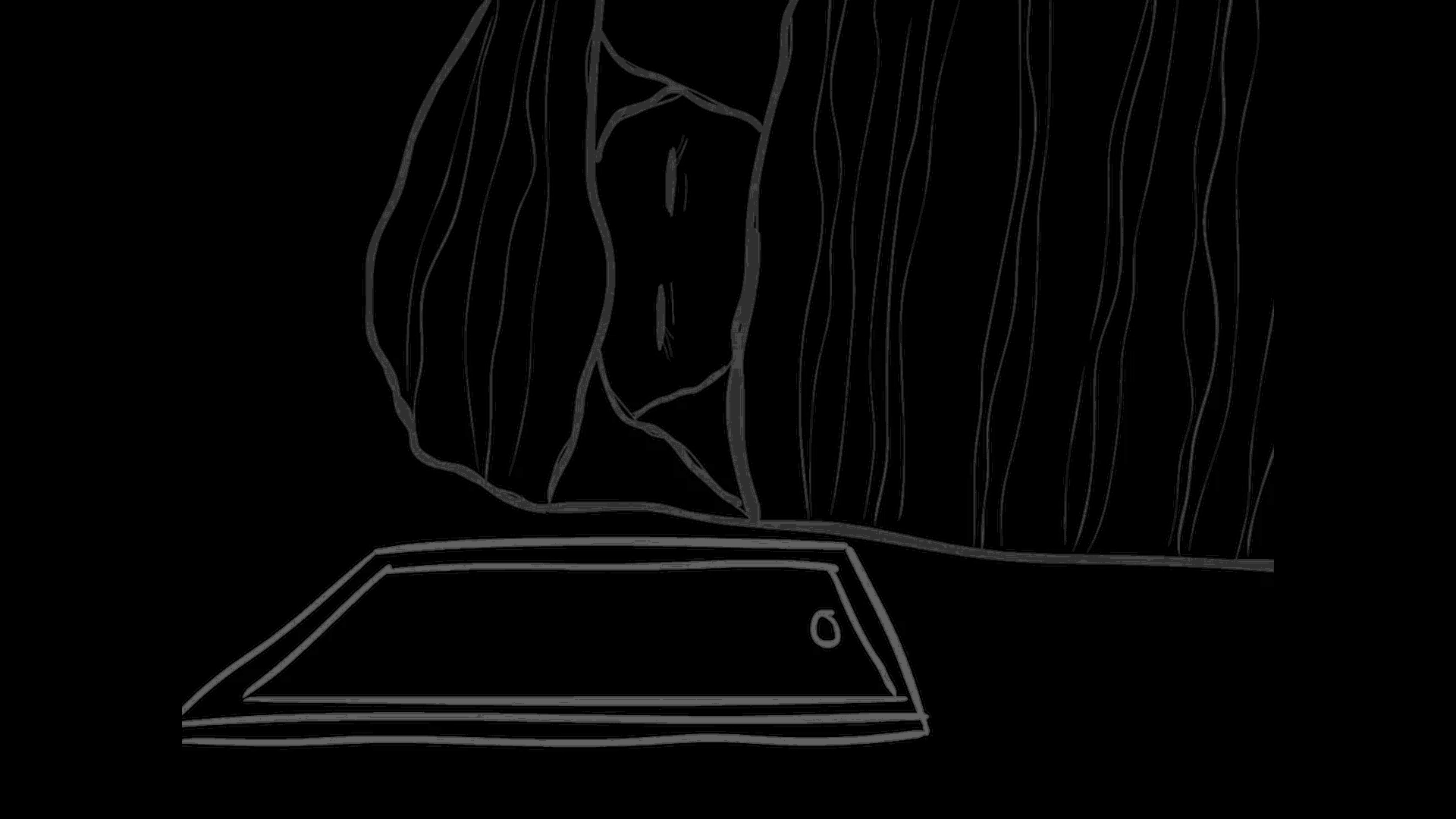A neon outline of a hand pressing a button on a control panel. The background is black, and the artwork has a minimalist, glowing style.