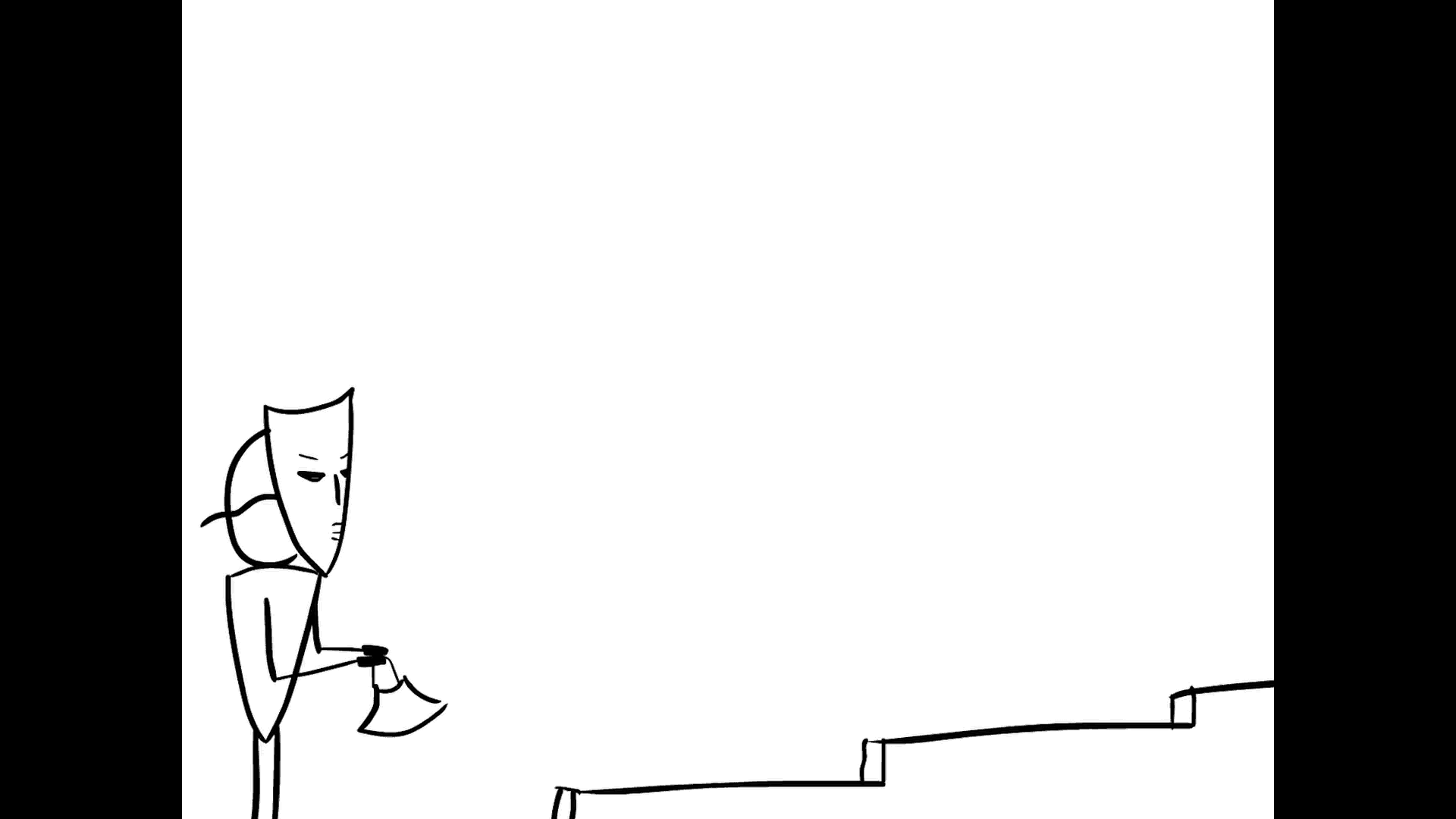 A black and white drawing of a person with a mask on their head, sitting on a bench, looking at a smartphone.