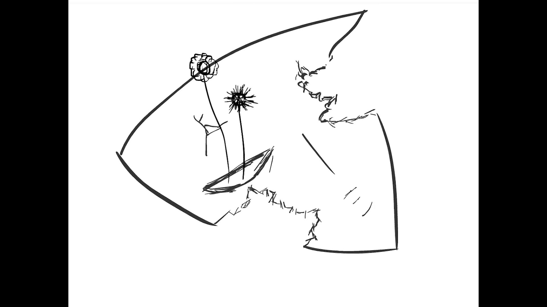 A hand-drawn sketch of a person's face in profile, with closed eyes, an open mouth, and a flower in front of the eye, with some abstract lines and shapes around.