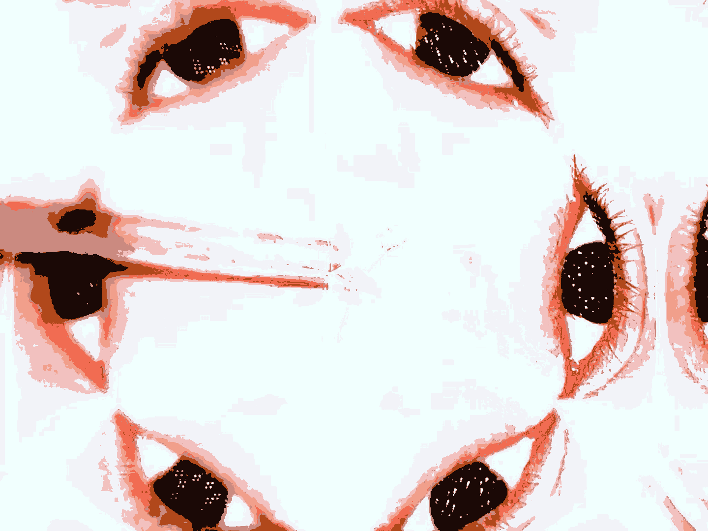 A digitally manipulated image featuring four pairs of human eyes with long eyelashes, arranged in a mirror-like pattern.
