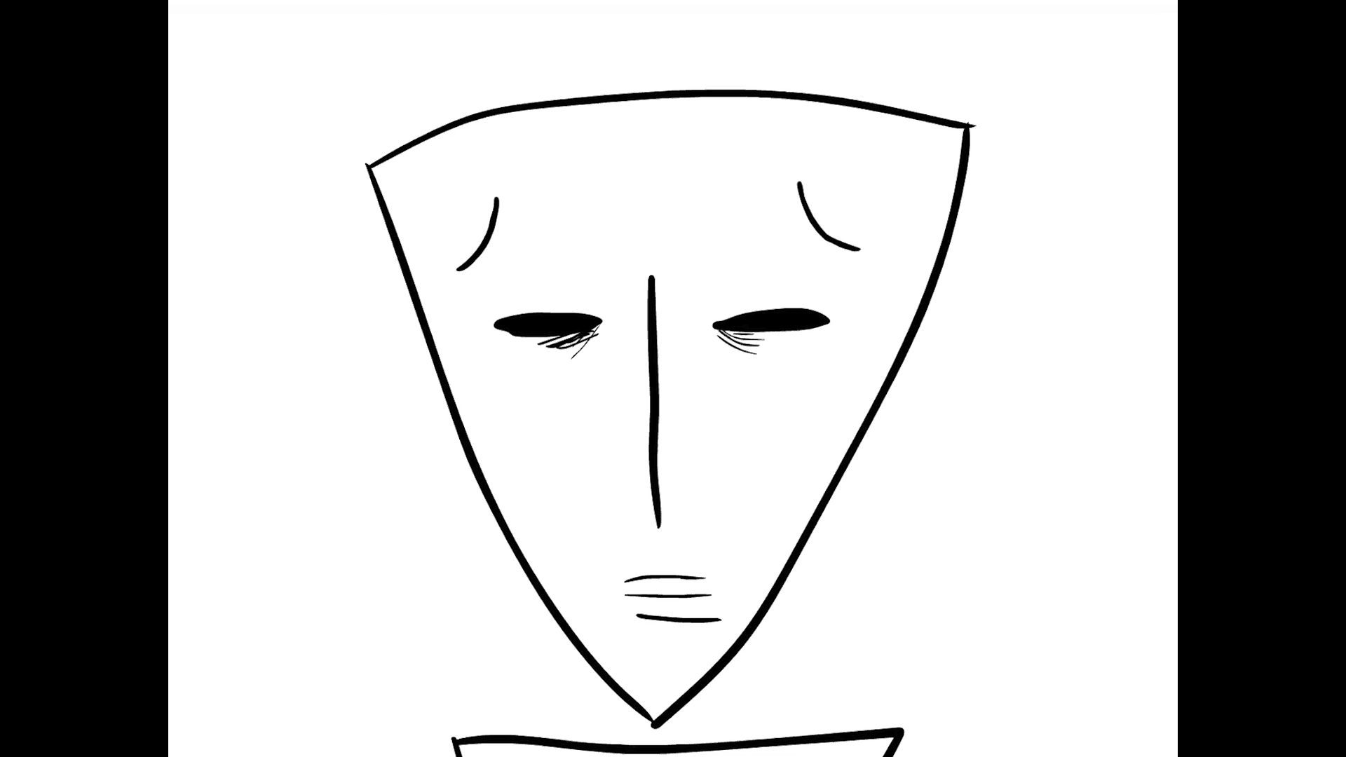 A simple black and white line drawing of a sad face with closed eyes and a downward-tilted mouth, inside a triangle shape.