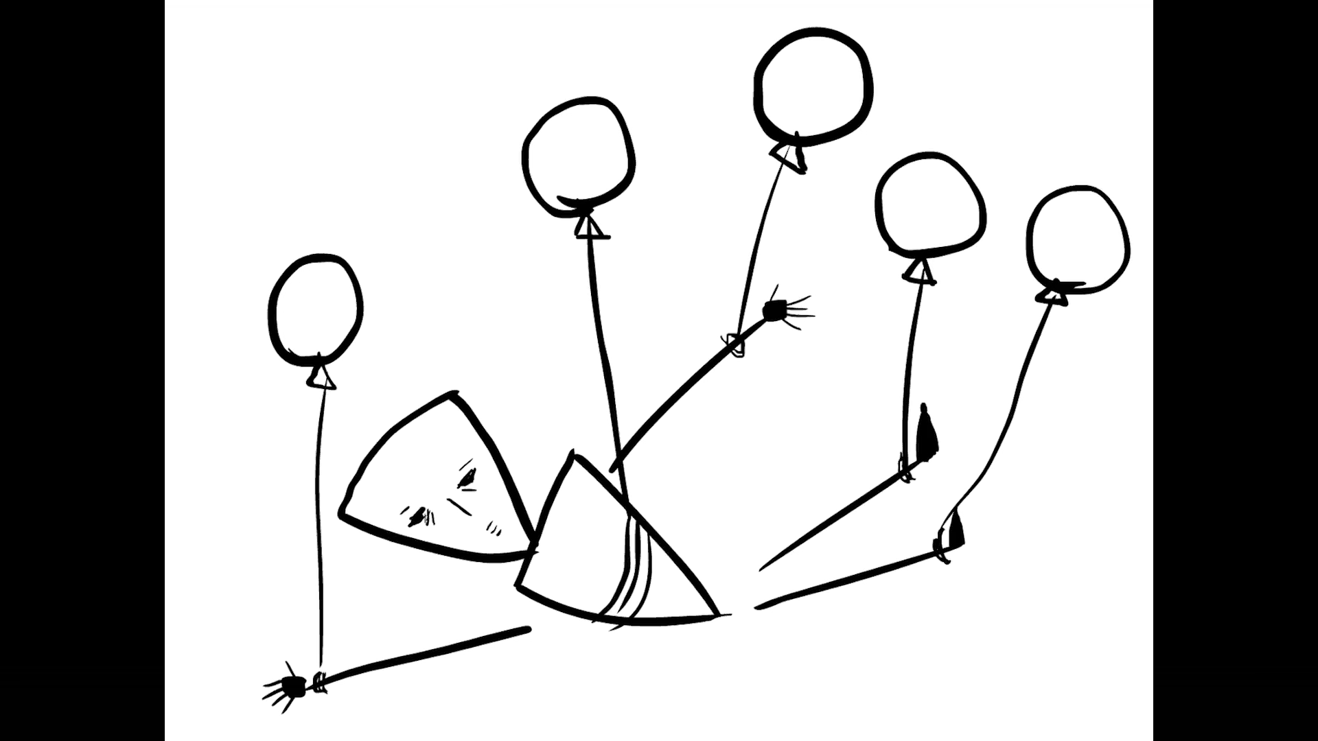 A line drawing of a geometric shape with five balloons attached to sticks. The balloons are irregular oval shapes, and the shape appears to be a pyramid with a triangular face.
