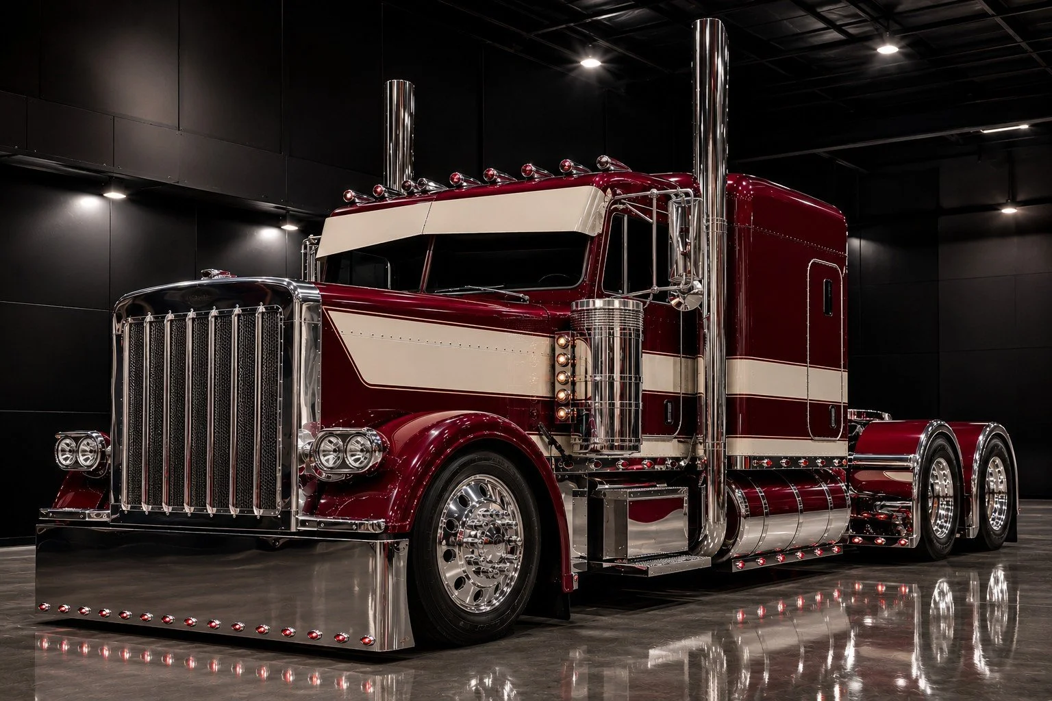 A vintage semi-truck with a shiny red and cream paint job, chrome accents, and multiple exhaust stacks, displayed indoors on a reflective floor.