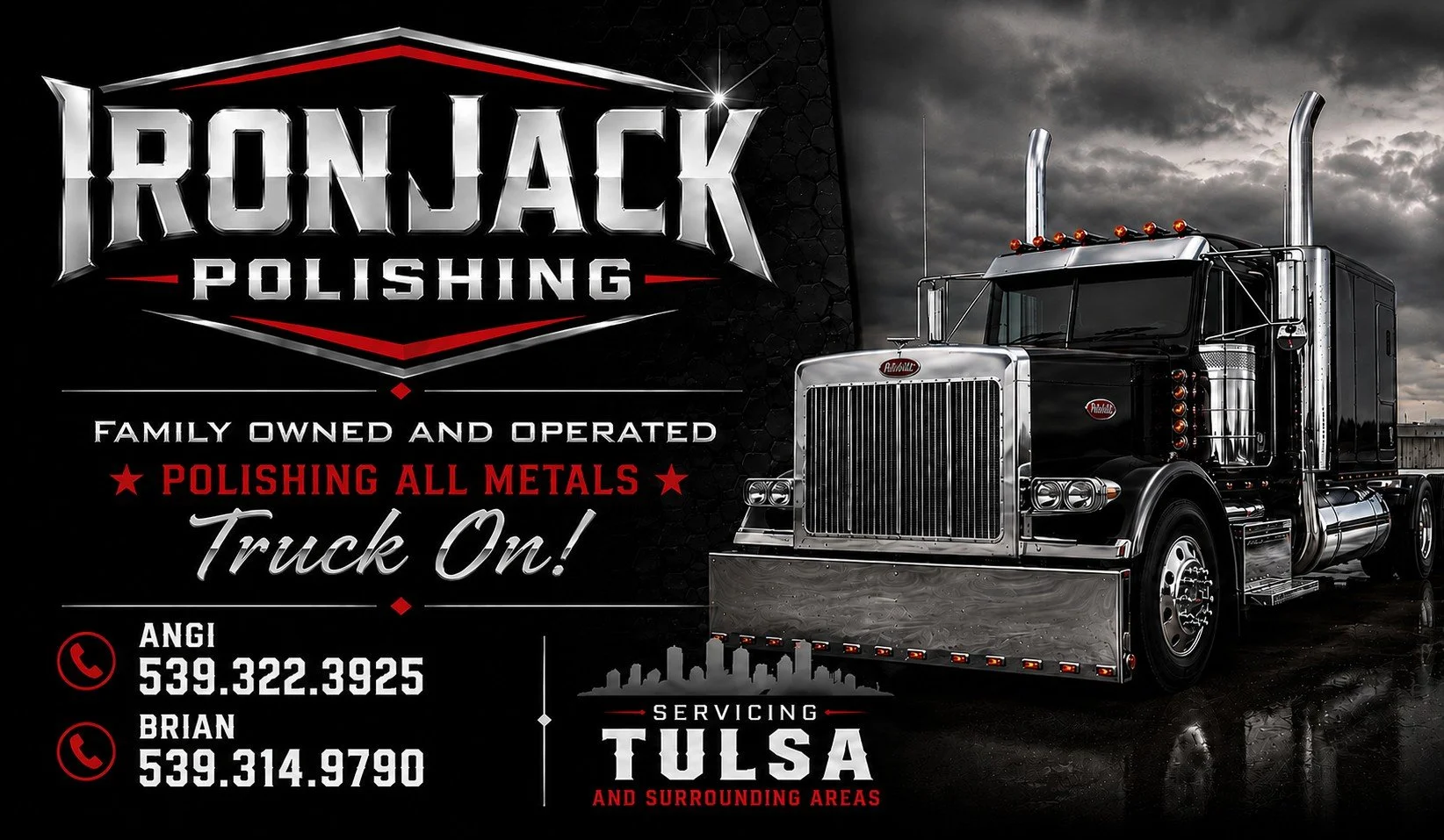 Advertisement for Ironjack Polishing showing a large black semi-truck with chrome details against a cloudy sky background, with contact information for Angi and Brian and service area in Tulsa.