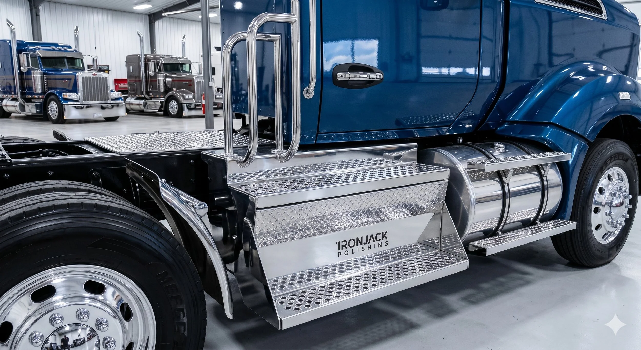 Close-up of a blue semi-truck inside a warehouse, with other trucks parked in the background.