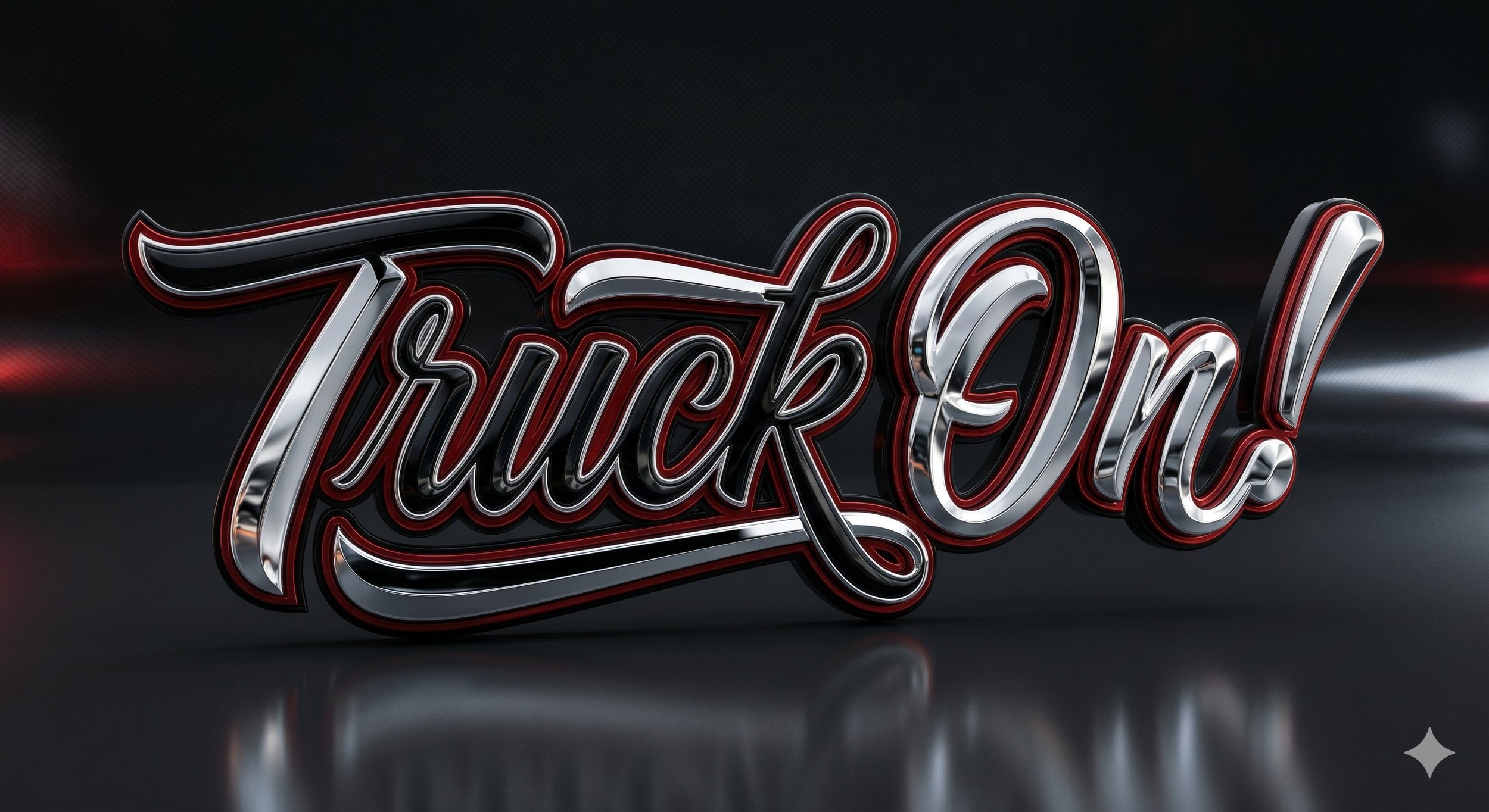 Neon sign spelling 'Truck On' in red, chrome, black, and white colors on a dark background.