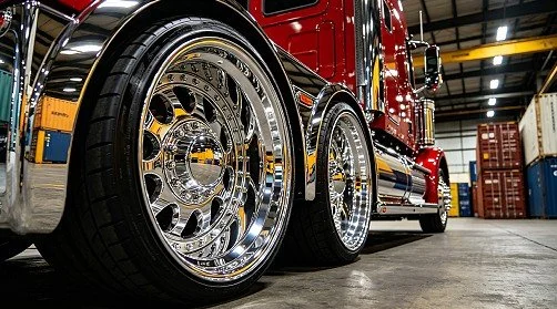 Close-up of shiny chrome wheels on a red semi-truck inside a warehouse with stacks of containers.