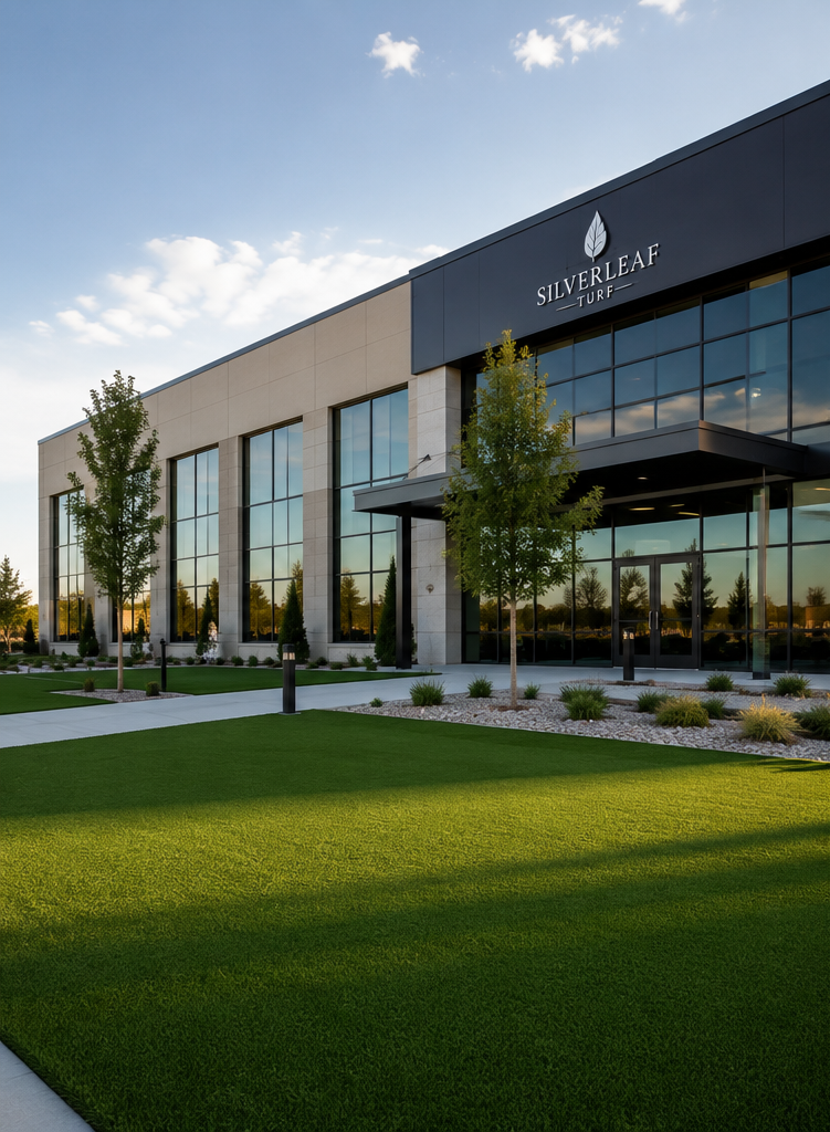 Modern commercial building with large glass windows, trees, manicured lawn, and a sign that reads 'Silverleaf Turf'.