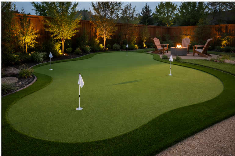 Backyard with a putting green, three flags, a fire pit with chairs, and landscape lighting with trees and shrubs at dusk.