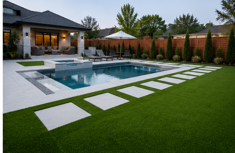 Backyard with a swimming pool, lounge chairs, and an outdoor seating area under a covered porch, surrounded by a wooden fence and greenery.