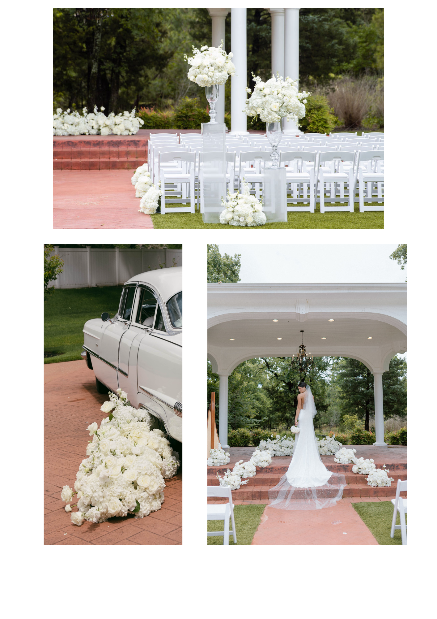 Outdoor wedding setup with white floral arrangements, white chairs, a vintage white car, and a bride in a white wedding gown standing under a white gazebo surrounded by green trees.
