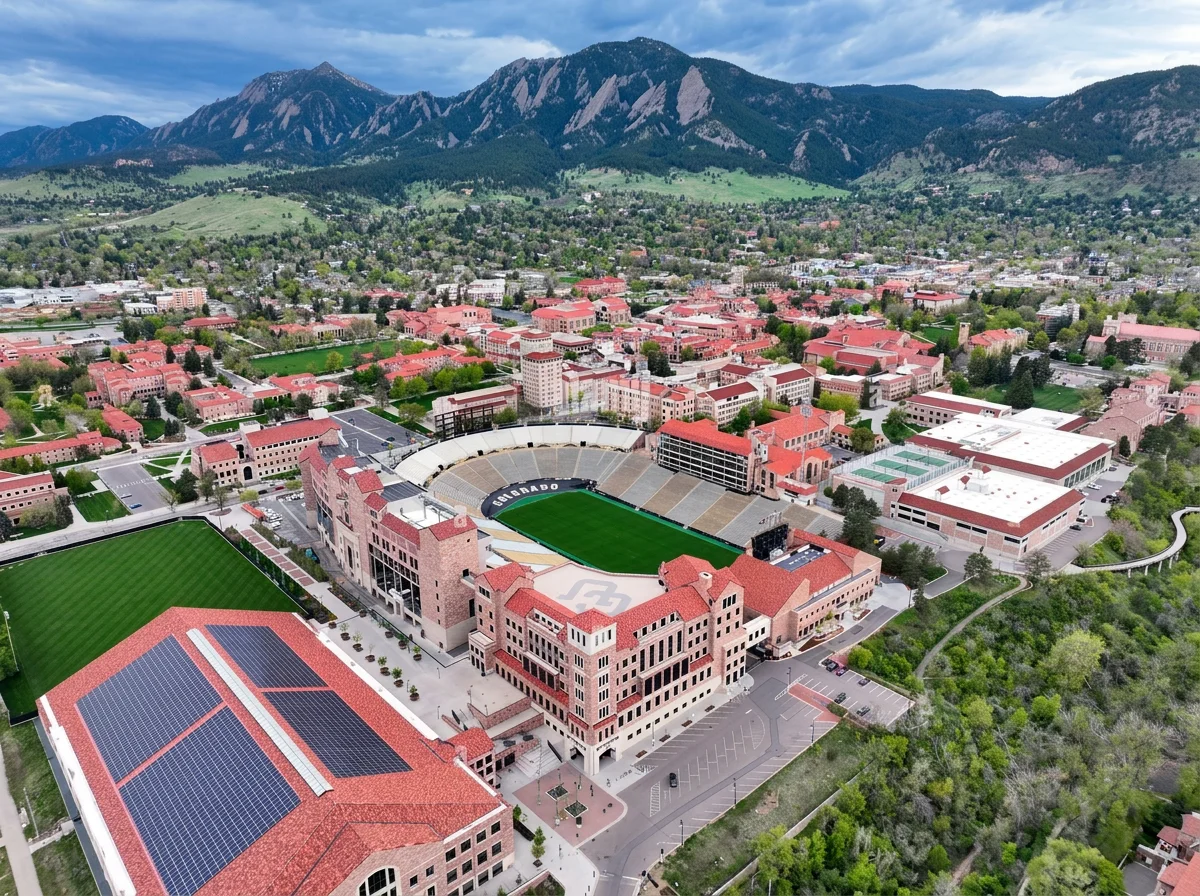 Aerial view of Colorado University campus in a mountainous area with green hills and mountains in the background, featuring sports stadiums, academic buildings, and solar panels on roofs.