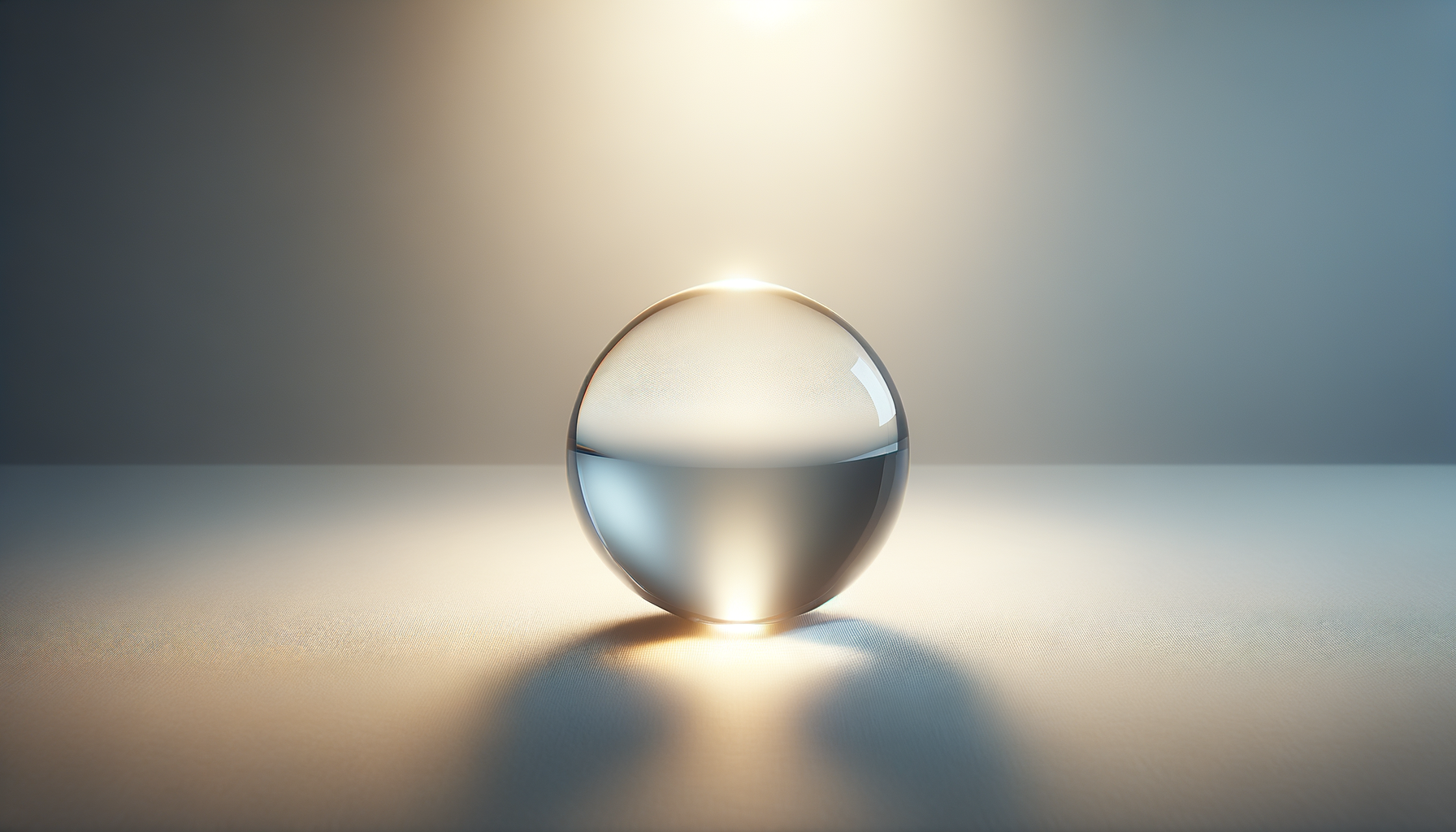 A glass sphere on a reflective surface, with soft lighting and a blurred background.