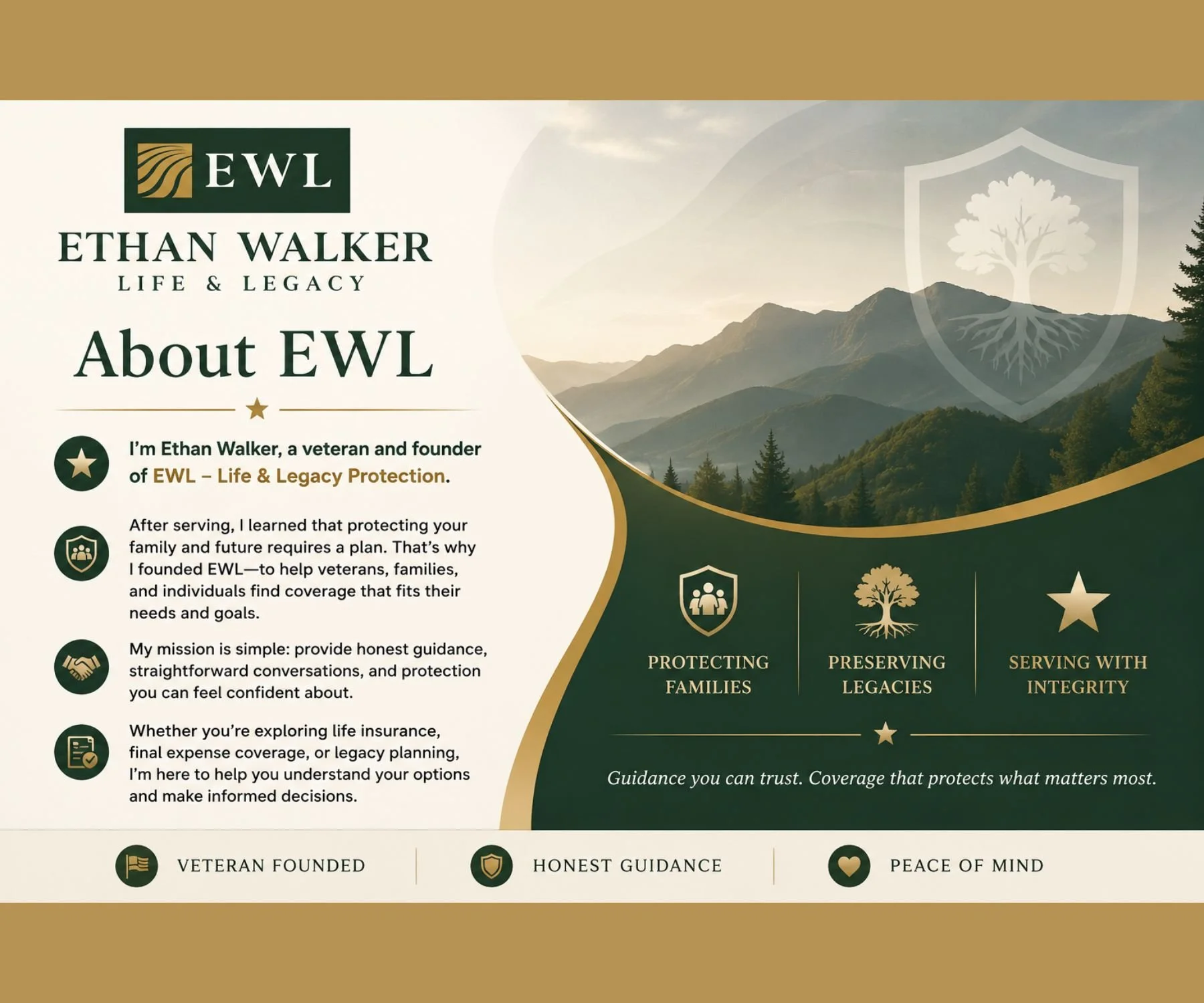 A promotional image for Ethan Walker Life & Legacy Protection featuring a scenic mountain landscape with trees and a subtle crest logo with a tree. The text highlights Ethan Walker's mission to protect families, preserve legacies, and serve with integrity, honesty, and peace of mind.