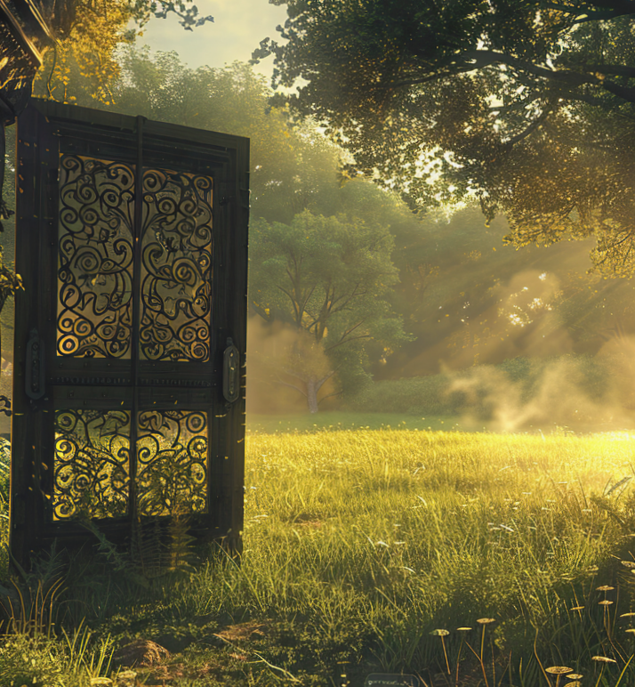 An ornate black iron gate opens to a lush green field with trees and sunlight streaming through the branches.