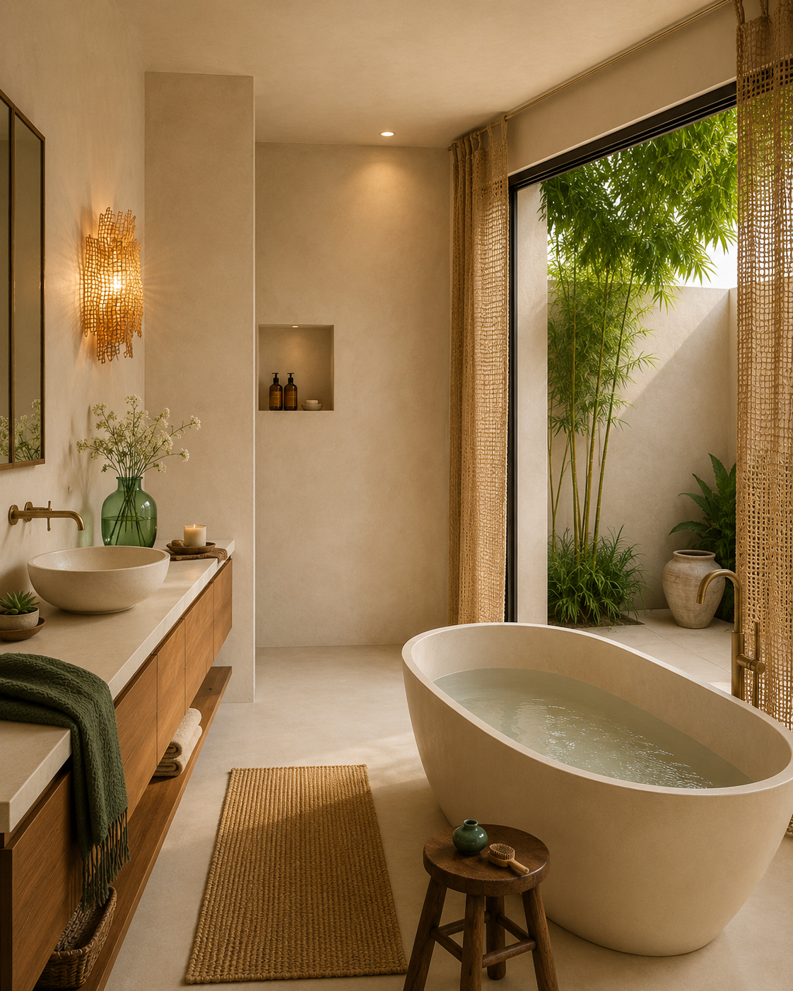 Salle de bains avec baignoire en pierre, grande fenêtre donnant sur un jardin avec bambous, étagère encastrée dans le mur, lavabo rond en pierre sur une console en bois, diverses plantes et objets de décoration en matériaux naturels, ambiance chaleureuse et zen.