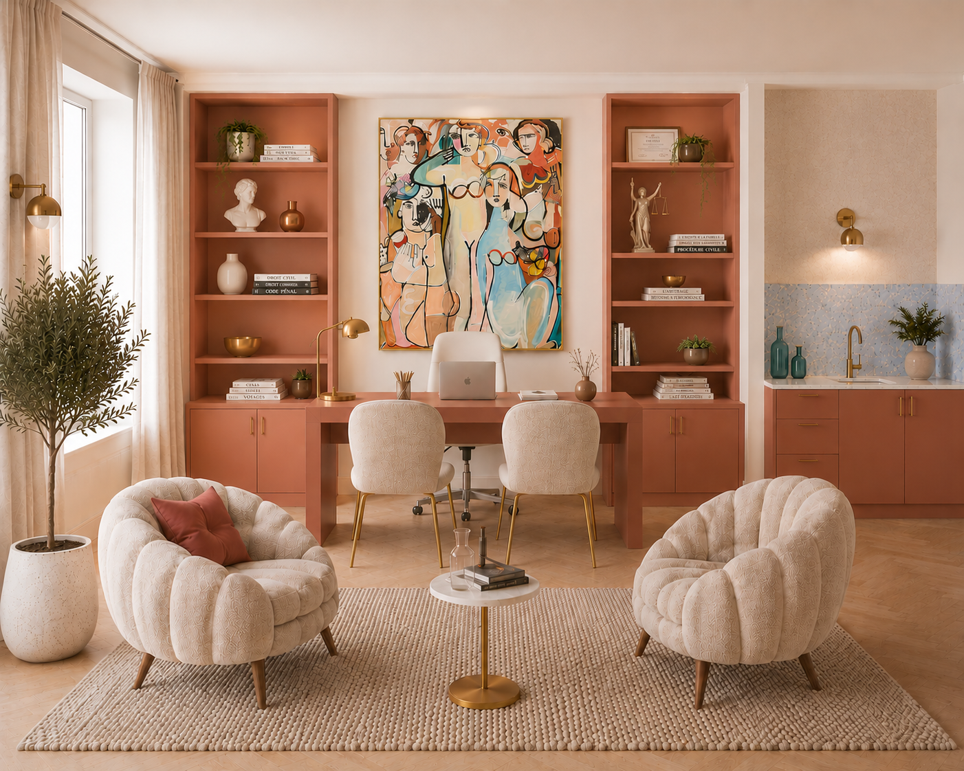 Un bureau élégamment décoré avec deux fauteuils beiges, une petite table ronde, une grande étagère rose, un tableau abstrait coloré, un bureau avec un ordinateur portable, deux chaises, une zone avec une cuisine, des vases bleus, des plantes vertes, des livres et des lumières dorées