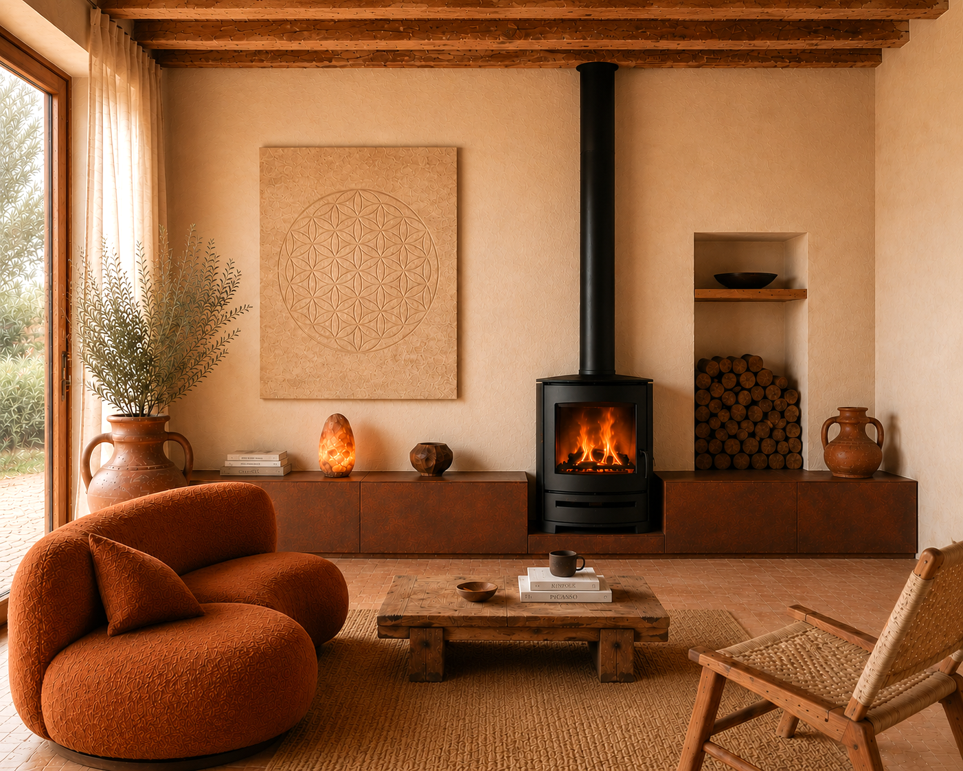 Salon avec cheminée allumée, fauteuil en velours, table basse en bois, décor en terre cuite, grande plante en pot, tableau abstrait au mur, étagère encastrée avec bois empilé et vase, ambiance chaleureuse et naturelle.