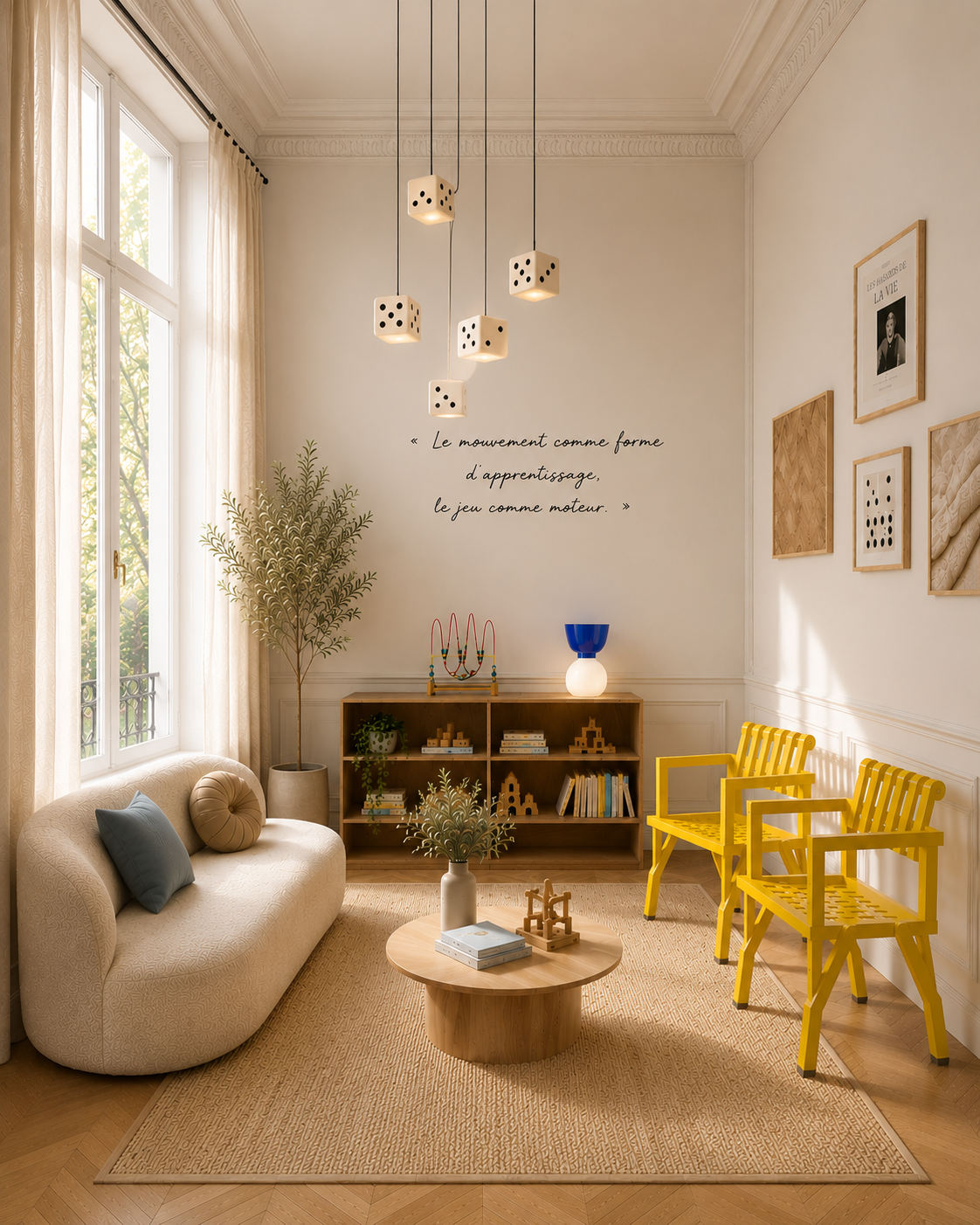 Salon de jeu lumineux avec canapé beige, deux chaises jaunes en bois, étagère en bois avec livres et décorations, plantes en pot, lampes en forme de dés suspendues, mur avec citation en français, tableau et cadre decoratif.