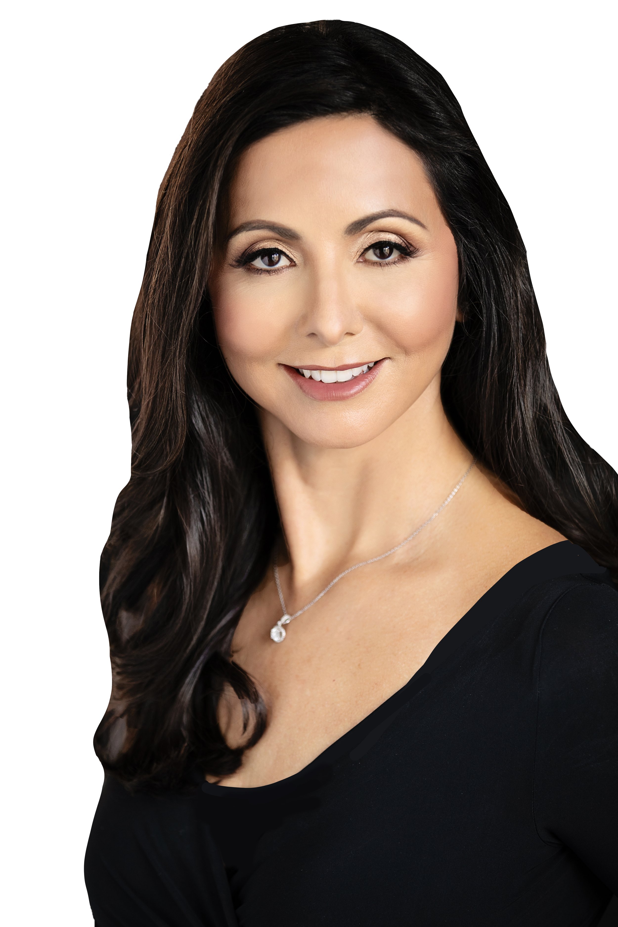 Photograph of a woman with long dark hair, wearing a black top and a silver necklace with a pendant, smiling with a white background.
