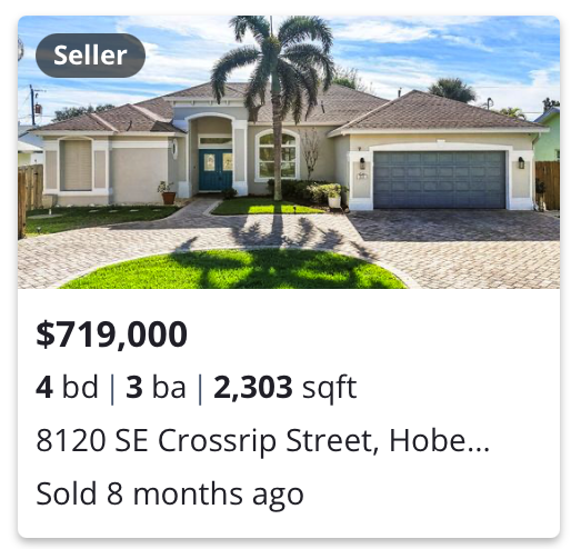 Photo of a modern single-family house with a front yard, palm trees, and a paved driveway, listed for sale.