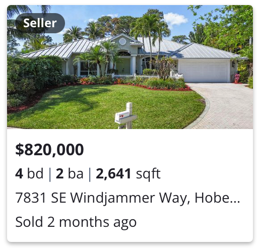 Front view of a house with a manicured lawn, palm trees, and a driveway, listed for sale at $820,000.