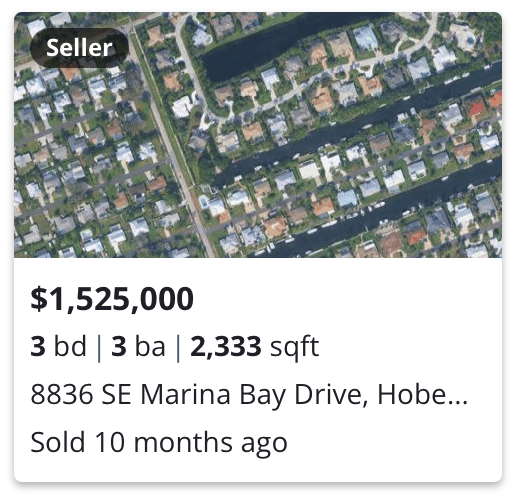Aerial view of a residential neighborhood near water with a highlighted property for sale at 8836 SE Marina Bay Drive, Hobe, listed at $1,525,000, with 3 bedrooms, 3 bathrooms, and 2,333 square feet, sold 10 months ago.
