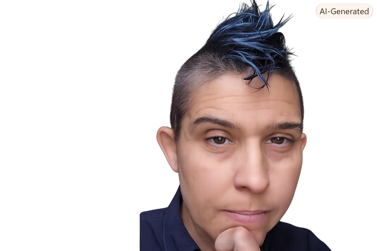 Close-up portrait of a person with short, blue-tinted spiky hair, resting their chin on their hand, wearing a dark shirt, with a neutral facial expression.