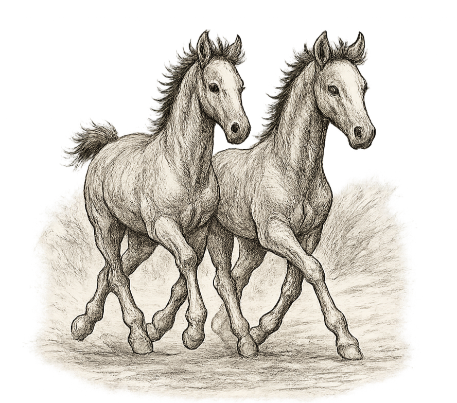 Twin foals walking side by side in the Twin Foals hero artwork