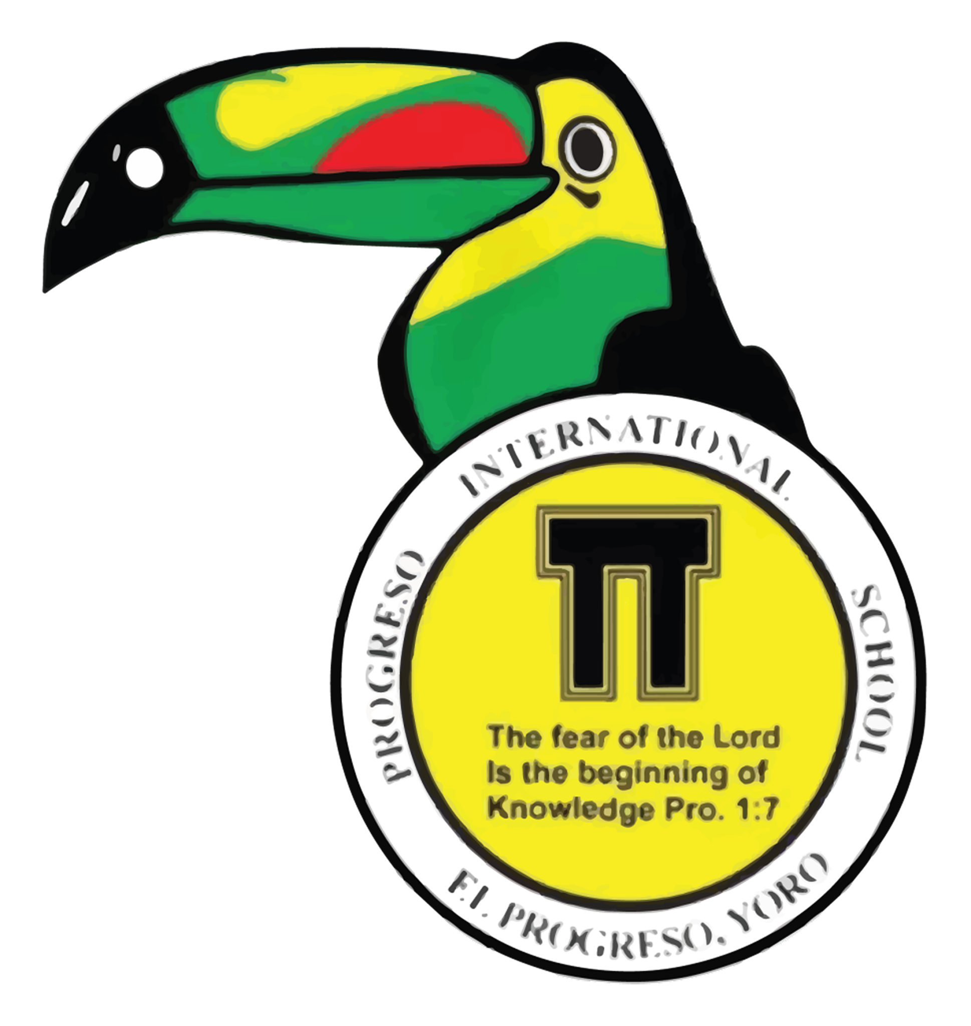 Close-up of a logo featuring a toucan bird with black, green, yellow, and red colors, and a circular border with text.