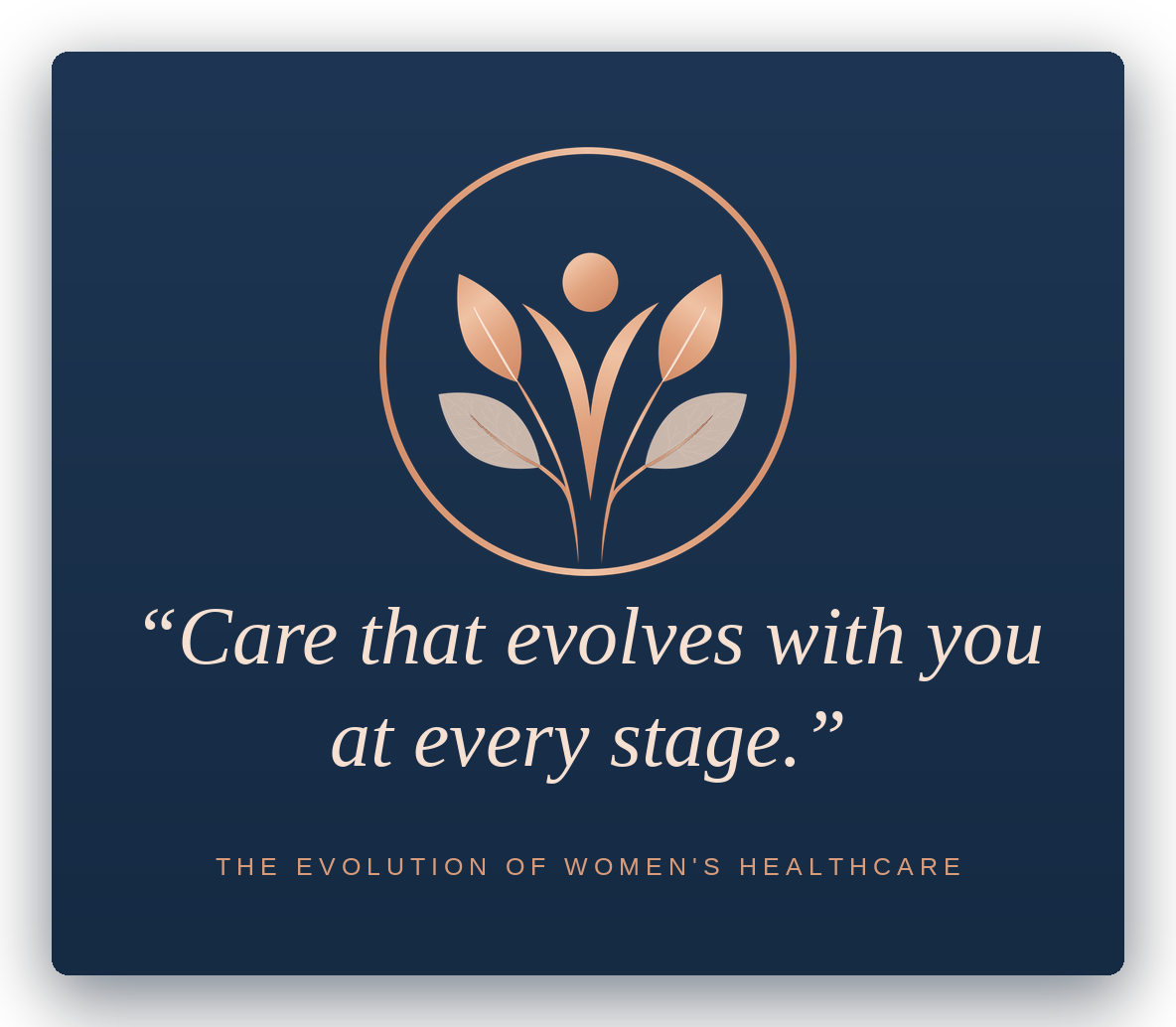 A logo of a stylized plant with leaves and a dot above, surrounded by a circle, with a quote: 'Care that evolves with you at every stage.' and text: 'The Evolution of Women's Healthcare' on a dark blue background.