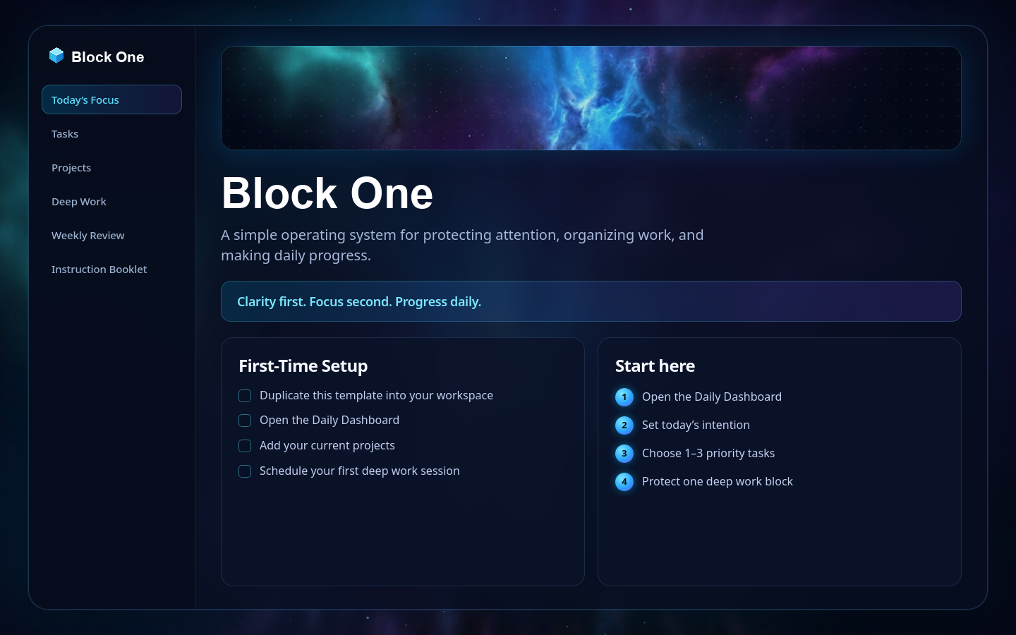 Block One Daily Dashboard in Notion